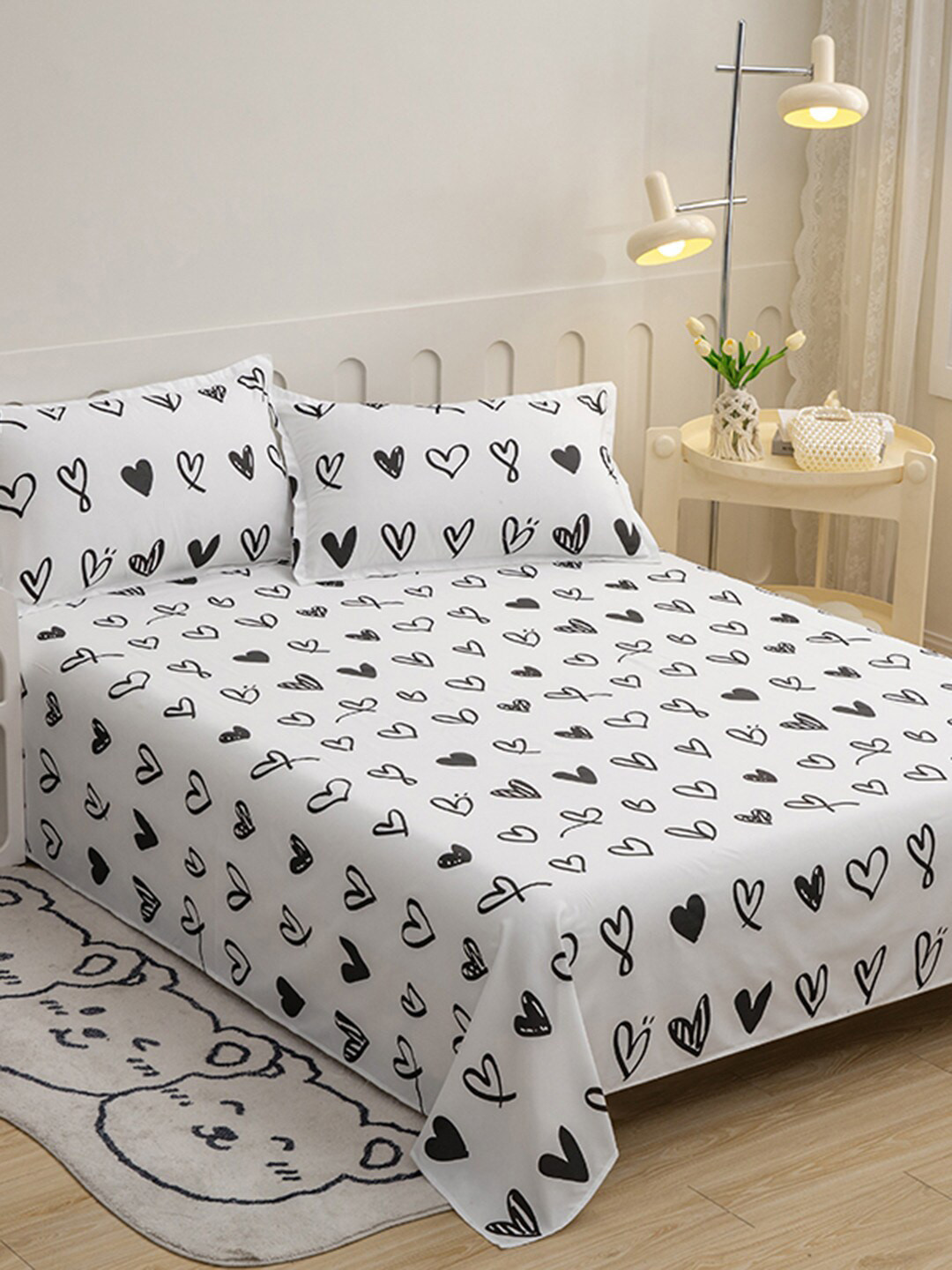 JC HOME Sapphire White Conversational Polycotton 140 TC Double Bedsheet with a Pillow Cover-59 x 91 inches
