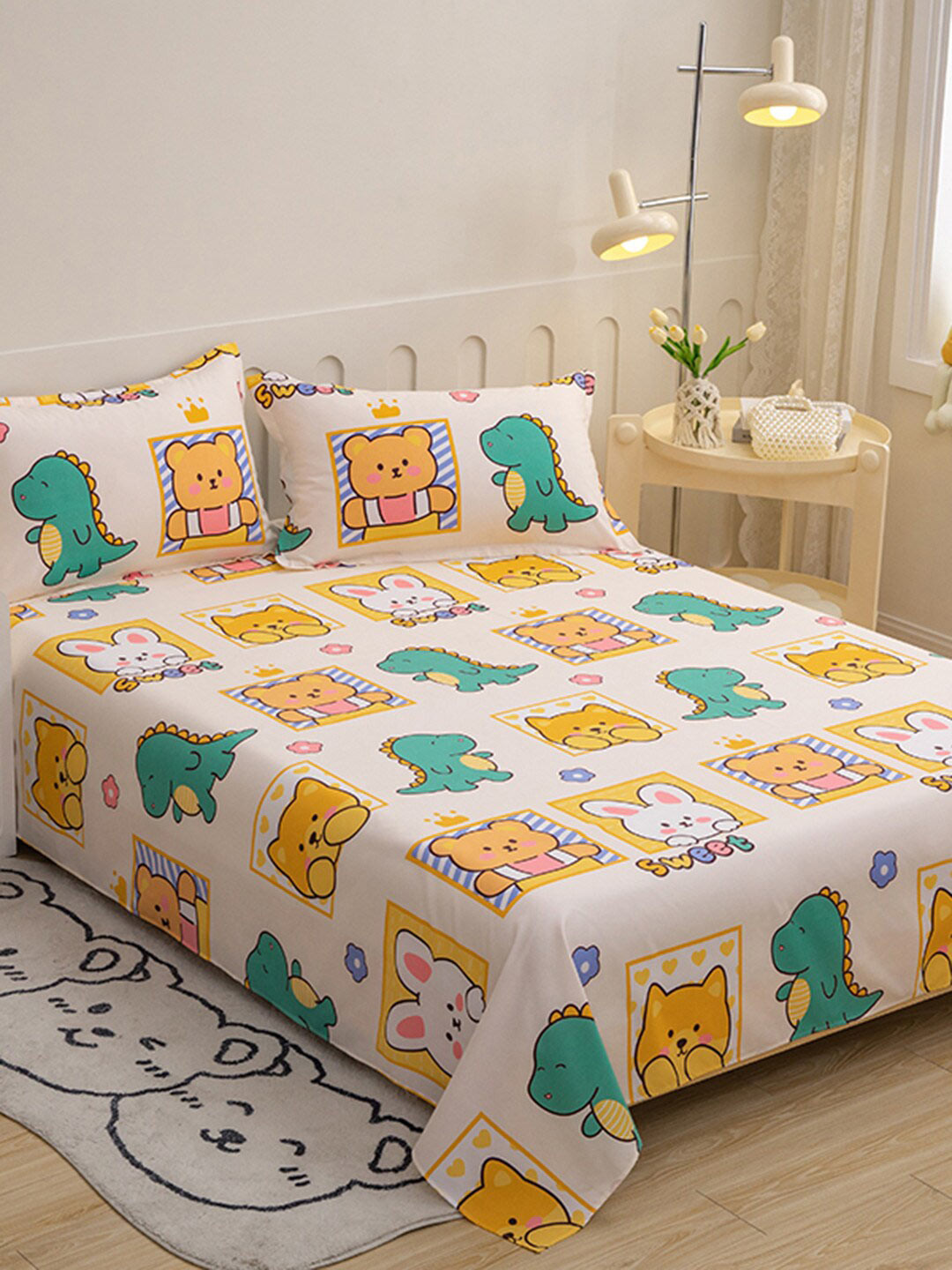 JC HOME Cream Cartoon Characters Polycotton 140 TC Double Bedsheet with a Pillow Cover-59 x 91 inches