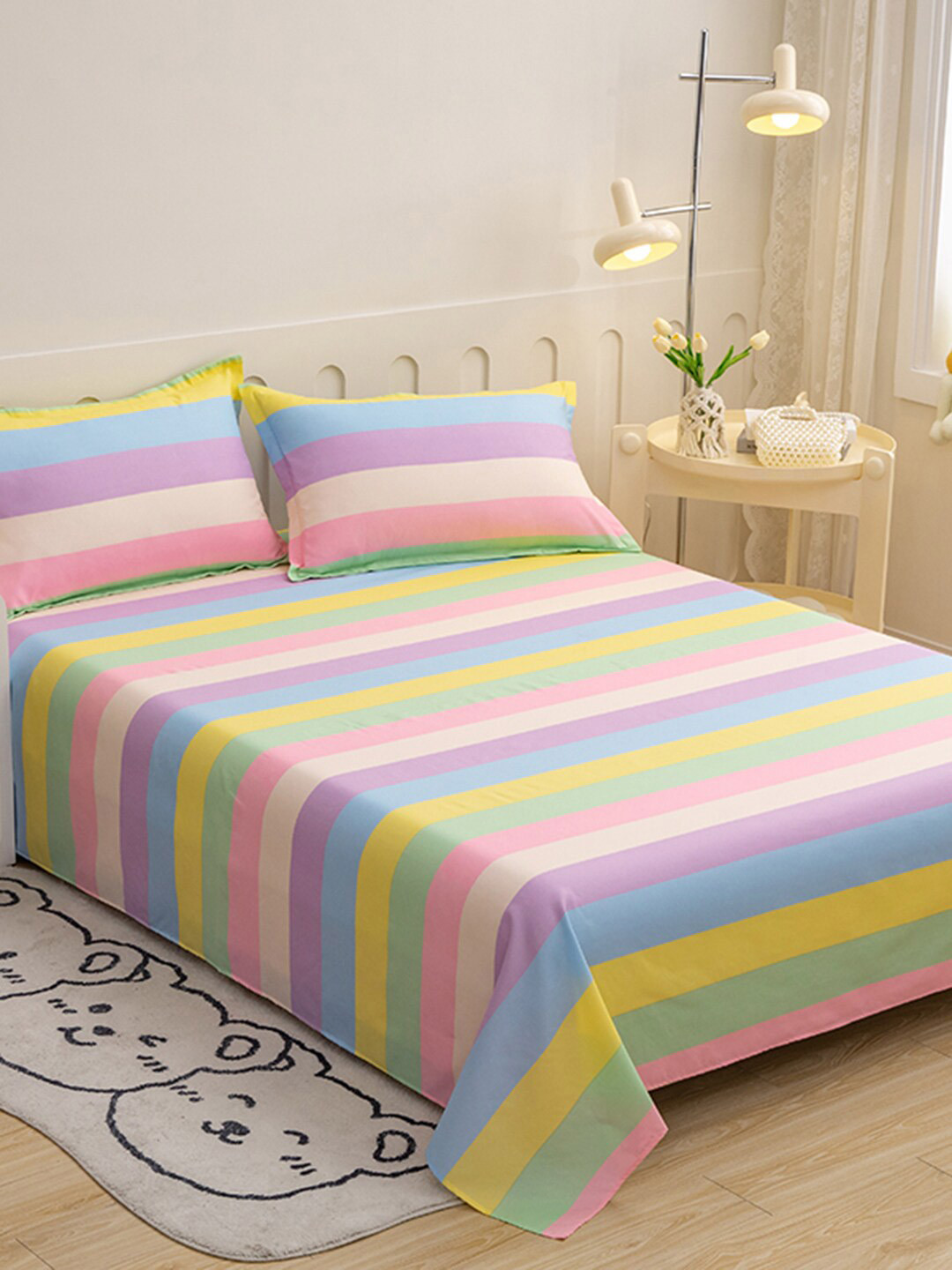 JC HOME Yellow Striped Polycotton 140 TC Super King Bedsheet with 2 Pillow Covers-91 x 98 inches