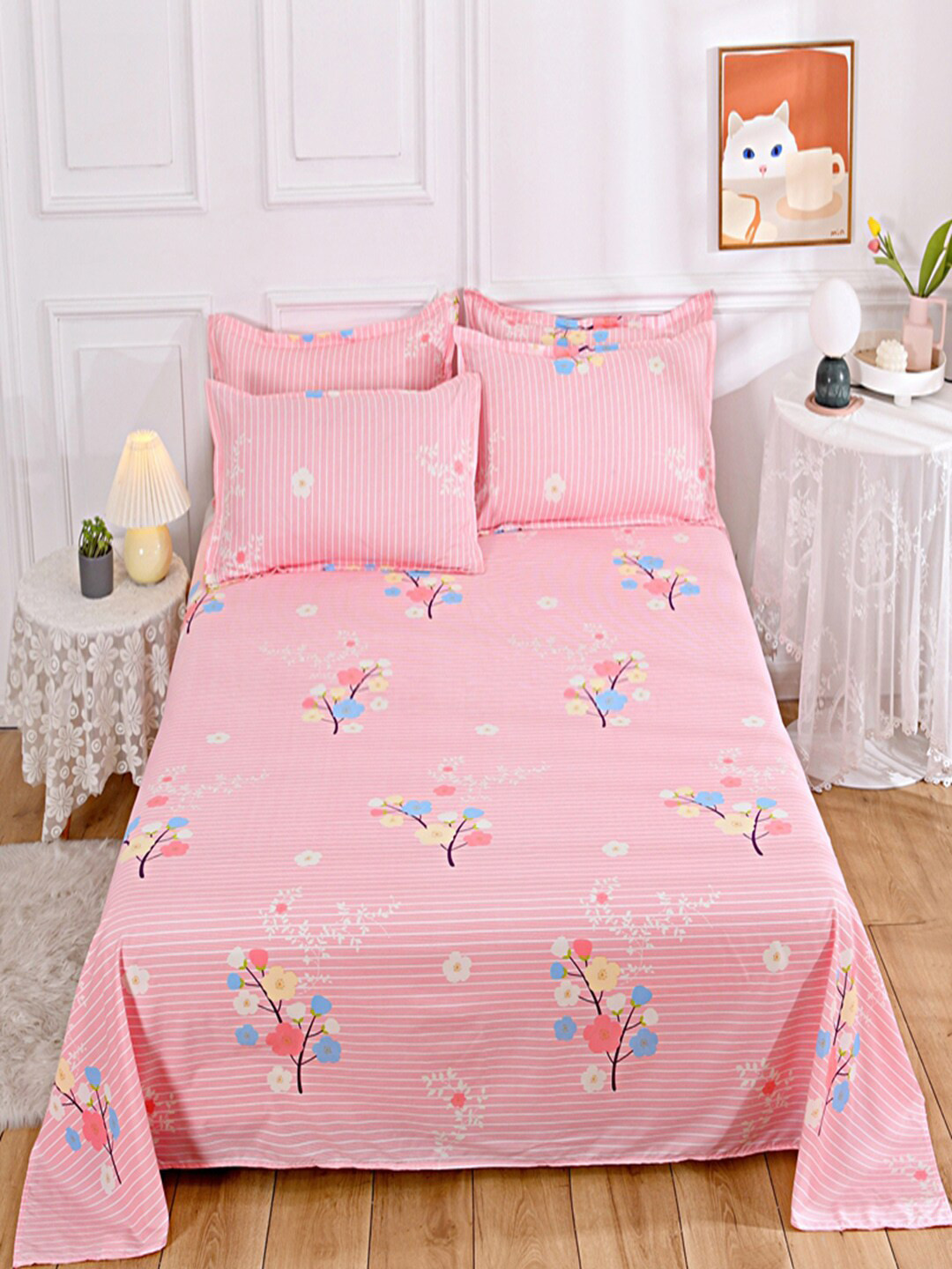 JC HOME Pink Floral Polycotton 140 TC Double Bedsheet with a Pillow Cover-63 x 91 inches