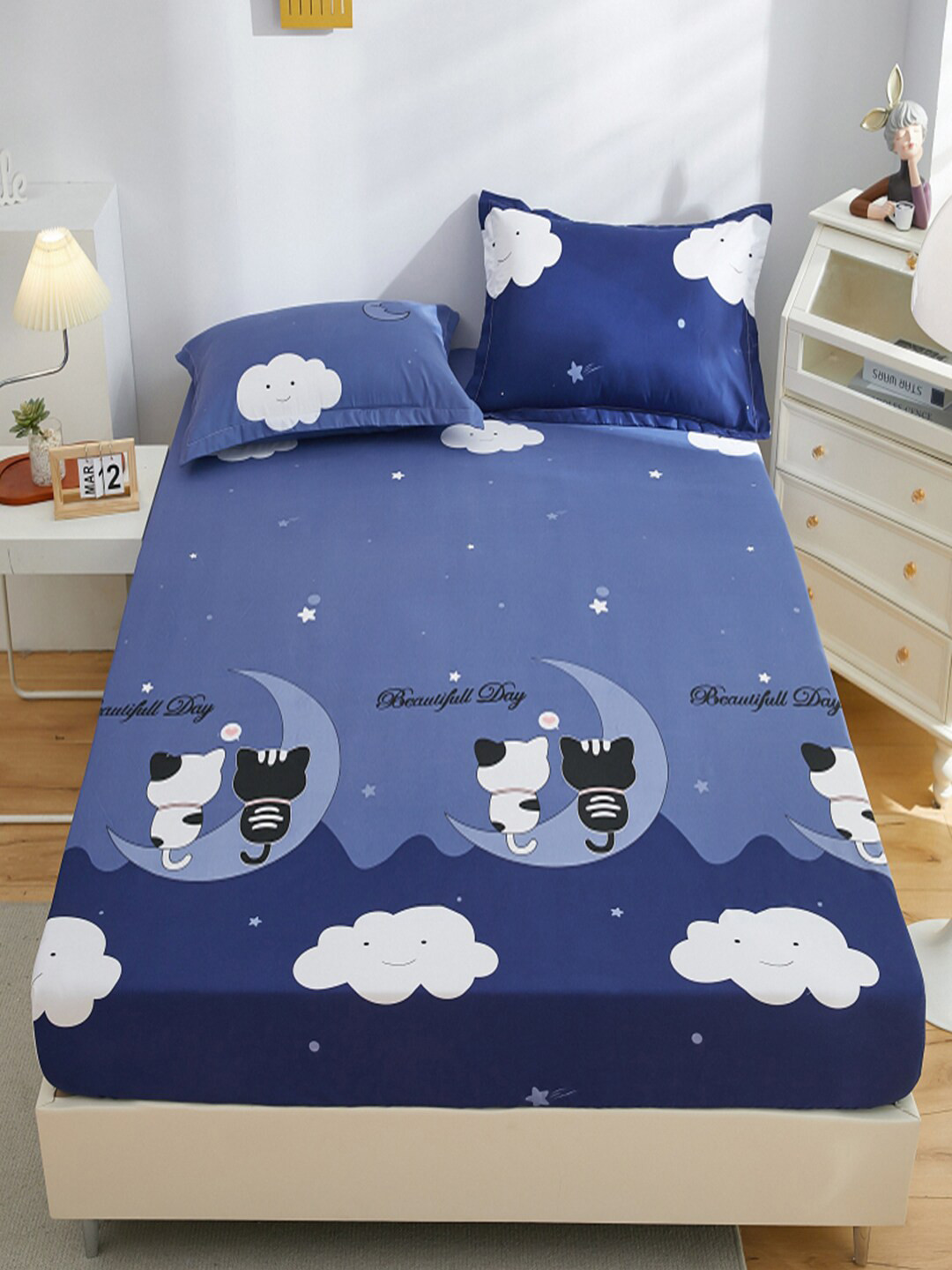 JC HOME Blue Conversational Polycotton 160 TC Fitted Single Bedsheet with a Pillow Cover-120 x 200 cm