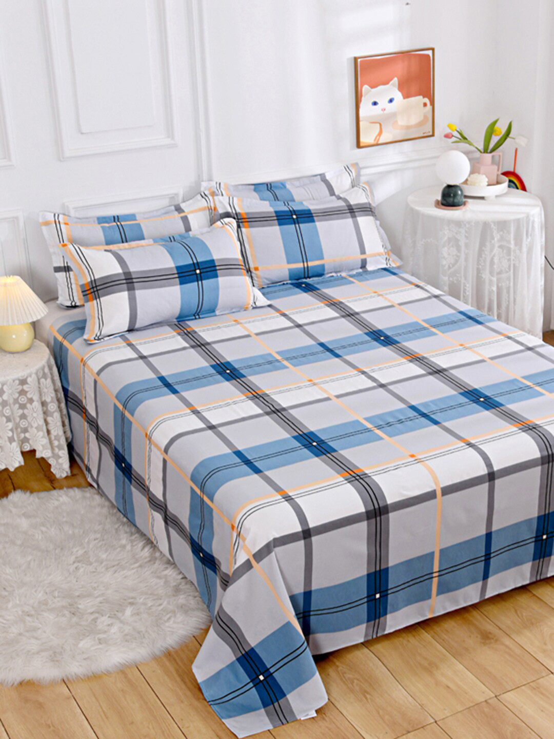JC HOME White Checked Polycotton 140 TC Double Bedsheet with a Pillow Cover-63 x 91 inches