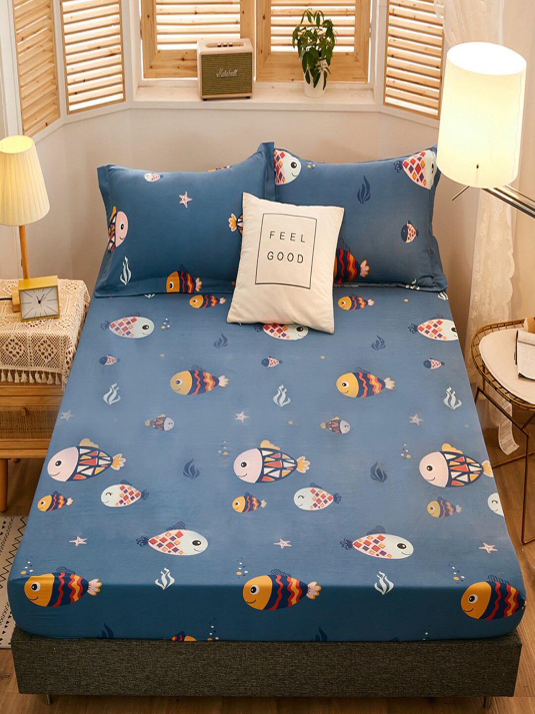 JC HOME Blue Conversational Polycotton 160 TC Fitted Single Bedsheet with a Pillow Cover-120 x 200 cm