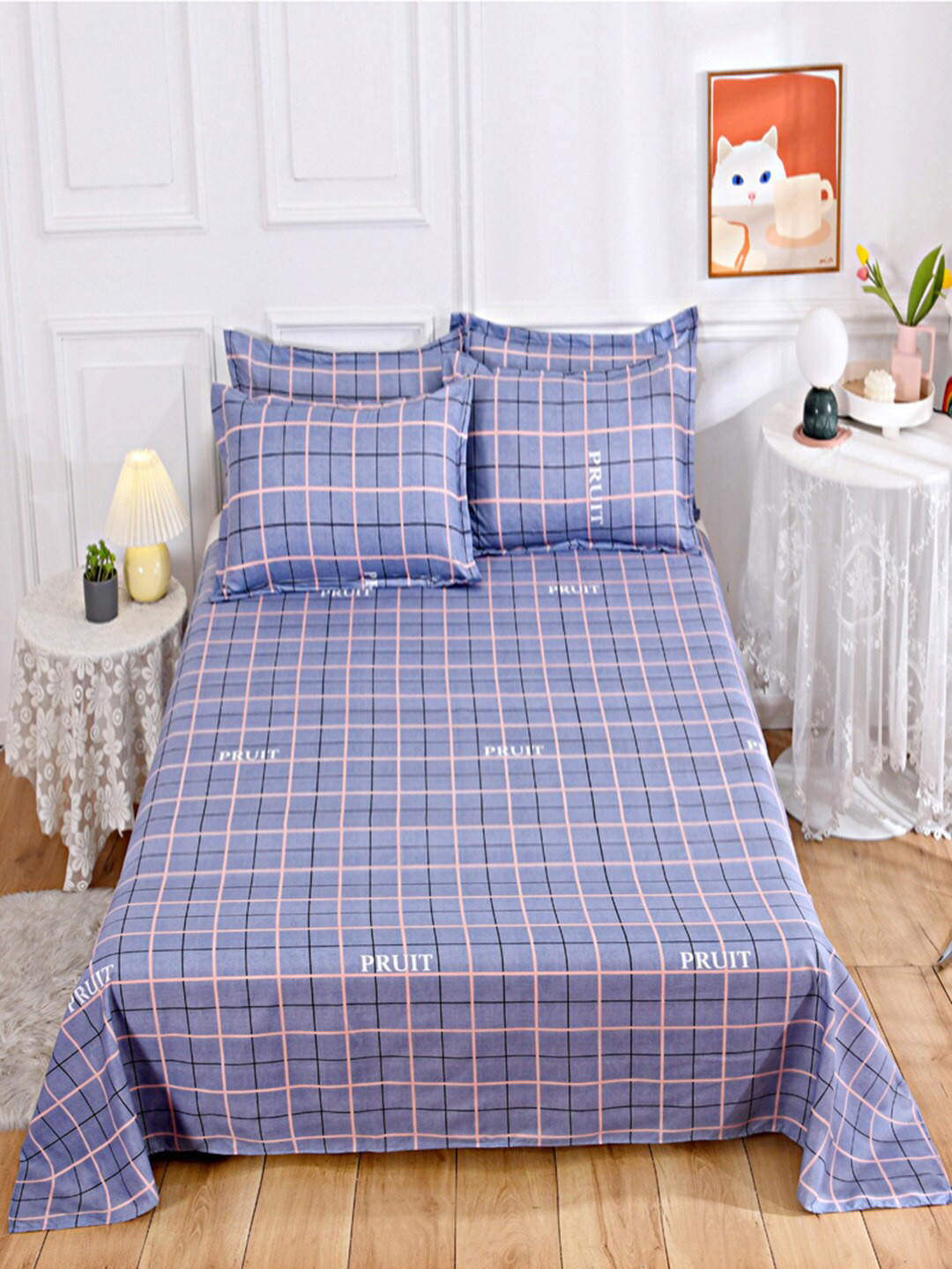 JC HOME Blue Geometric Polycotton 140 TC Double Bedsheet with a Pillow Cover-63 x 91 inches