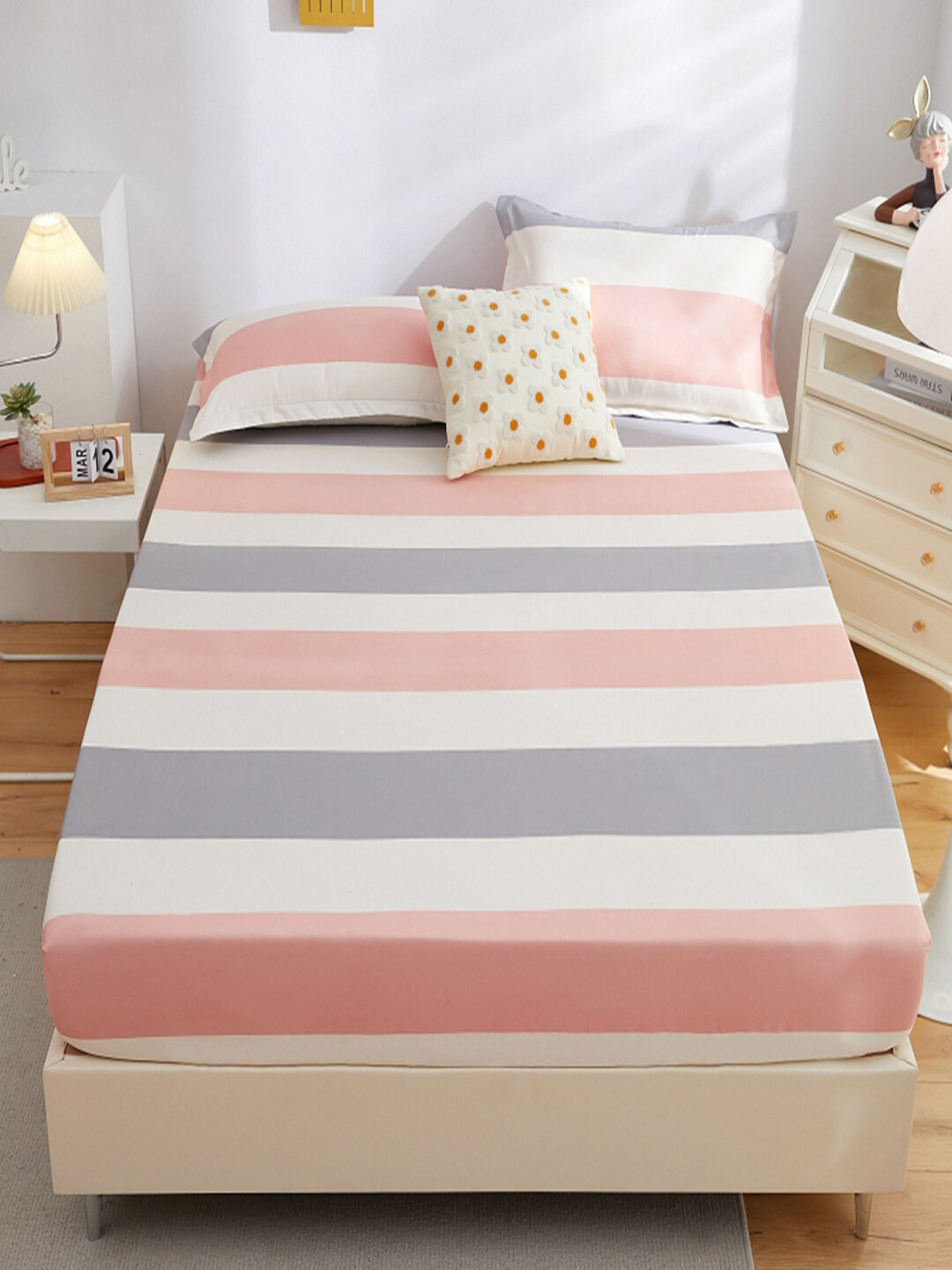 JC HOME Pink Striped Polycotton 160 TC Fitted Single Bedsheet with a Pillow Cover-120 x 200 cm