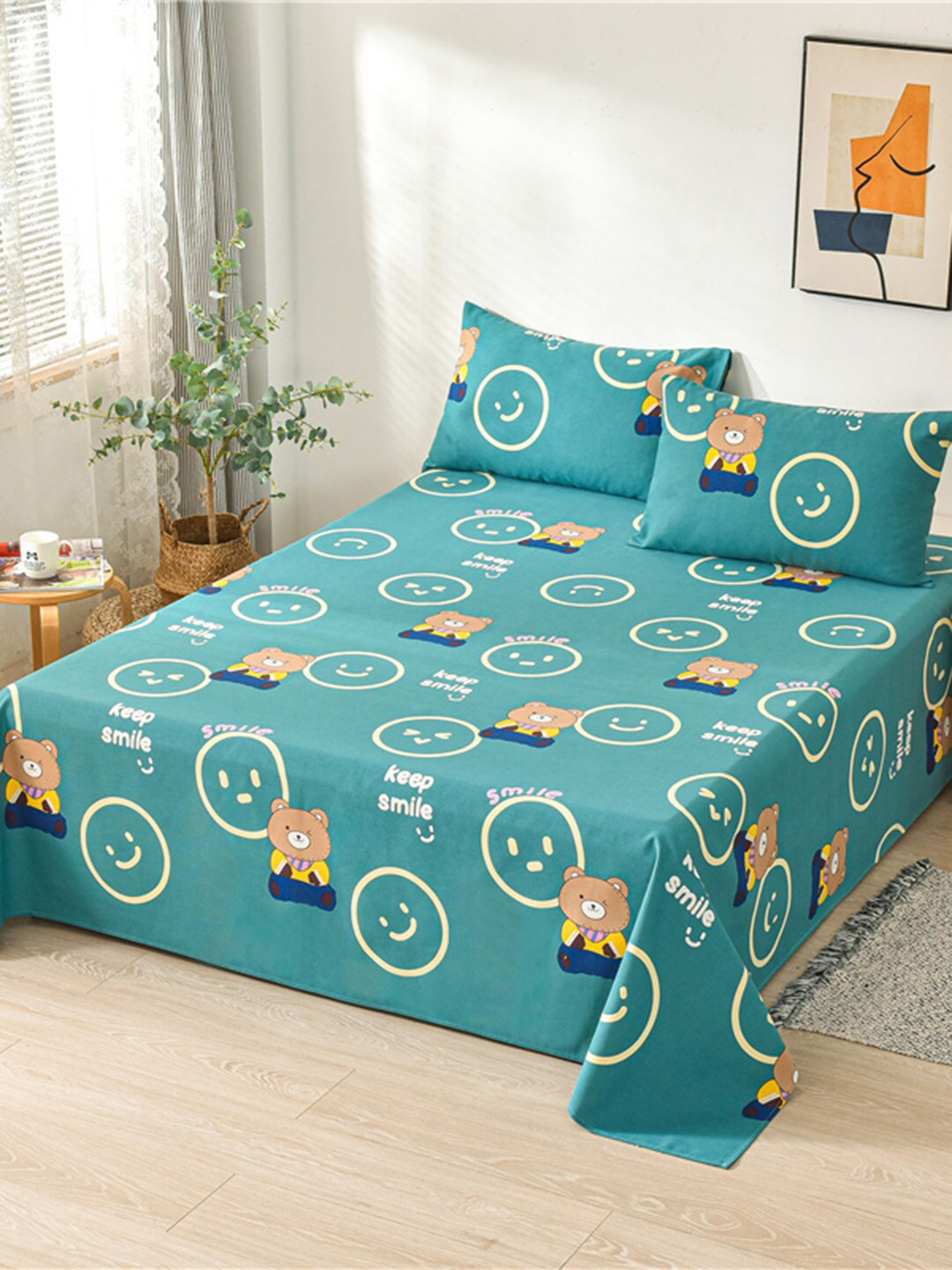 JC HOME Lifestyle Green Graphic Polycotton 160 TC King Bedsheet with 2 Pillow Covers-91 x 98 inches