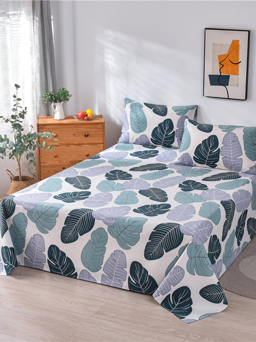 JC HOME Milestone White Leaf Polycotton 160 TC King Bedsheet with 2 Pillow Covers-91 x 106 inches