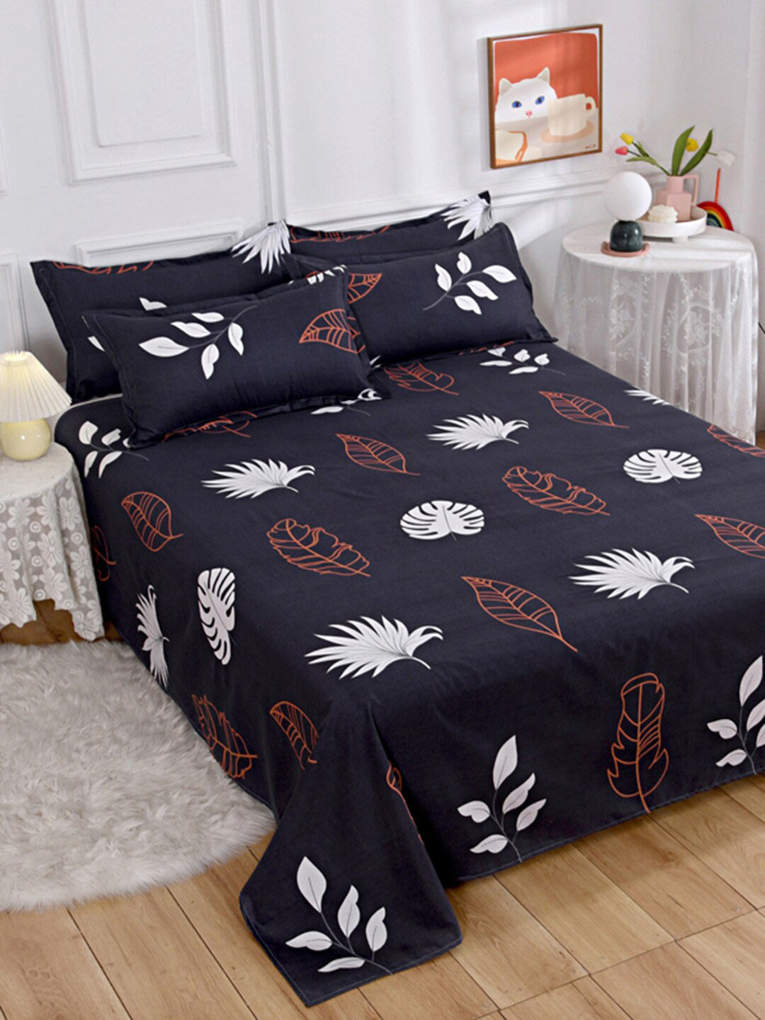 JC HOME Black Graphic Polycotton 140 TC King Bedsheet with 2 Pillow Covers-230 x 270 cm
