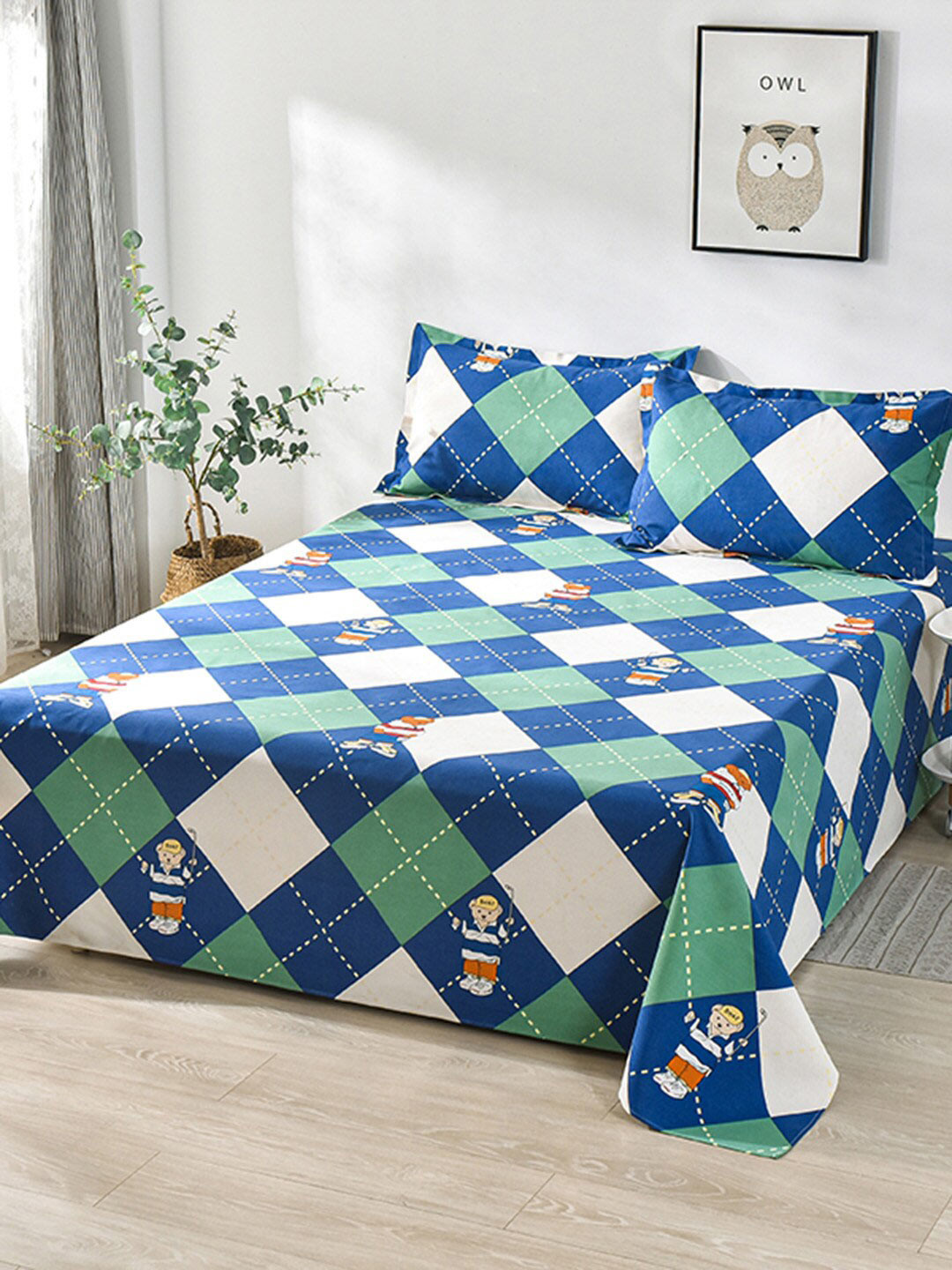 JC HOME Royal Velar Blue Geometric Polycotton 160 TC King Bedsheet with 2 Pillow Covers-91 x 106 inches