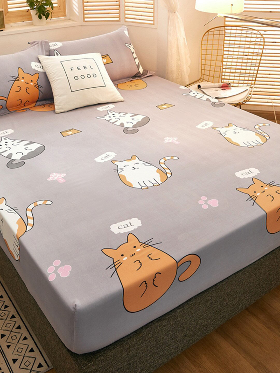 JC HOME Grey Graphic Polycotton 160 TC Fitted King Bedsheet with 2 Pillow Covers-71 x 79 inches