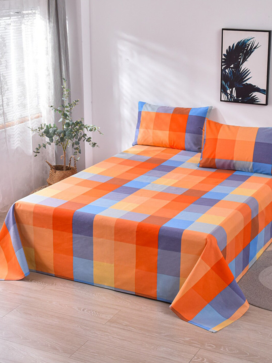 JC HOME Plush Orange Geometric Polycotton 160 TC Single Bedsheet with a Pillow Cover-150 x 230 cm