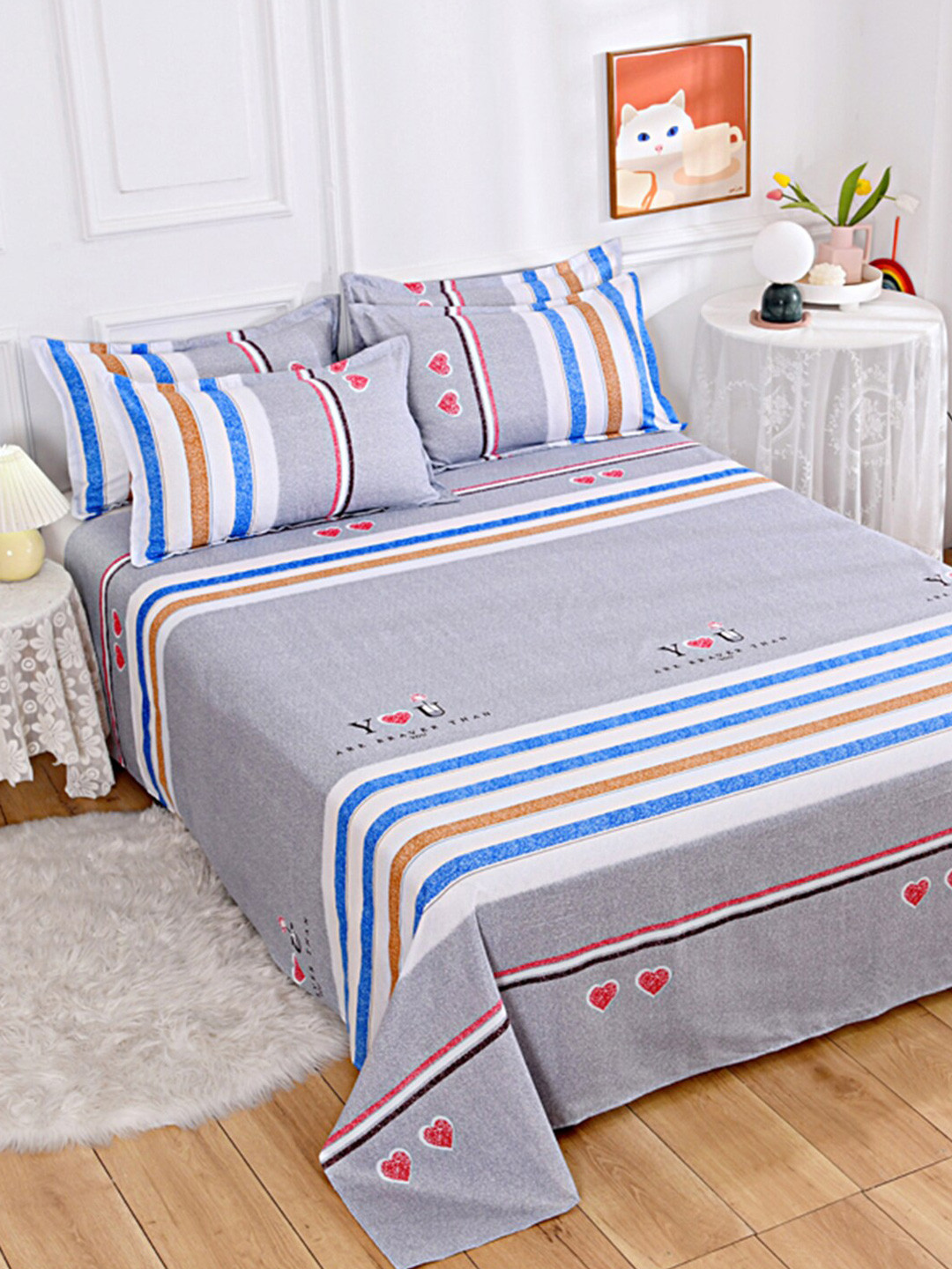 JC HOME Grey Striped Polycotton 140 TC Double Bedsheet with a Pillow Cover-63 x 88 inches
