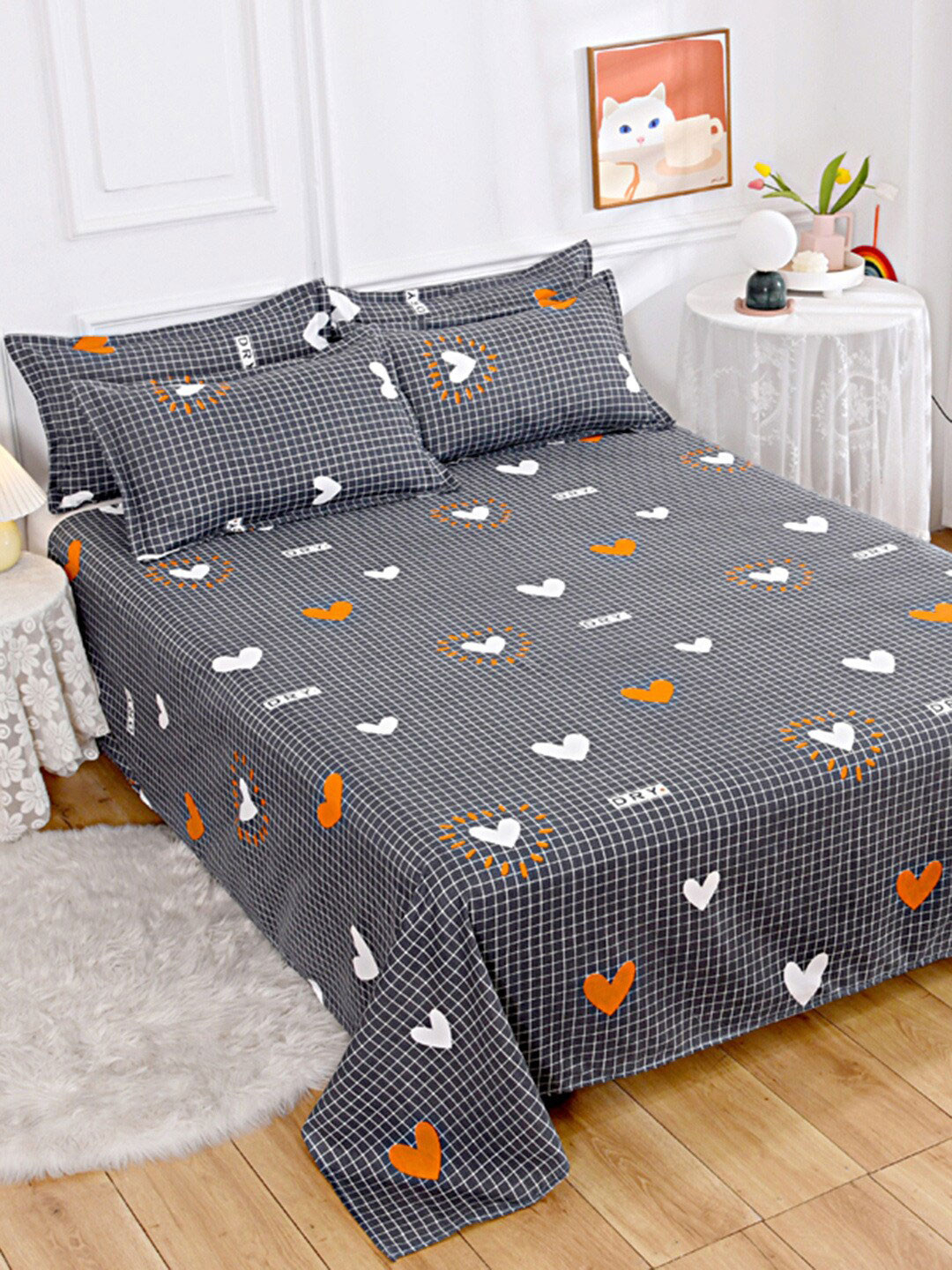 JC HOME Black Geometric Polycotton 140 TC Single Bedsheet with a Pillow Cover-160 x 230 cm