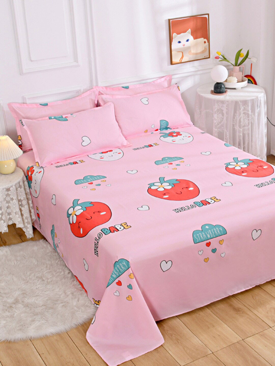 JC HOME Sapphire Pink Conversational Polycotton 140 TC King Bedsheet with 2 Pillow Covers-91 x 98 inches