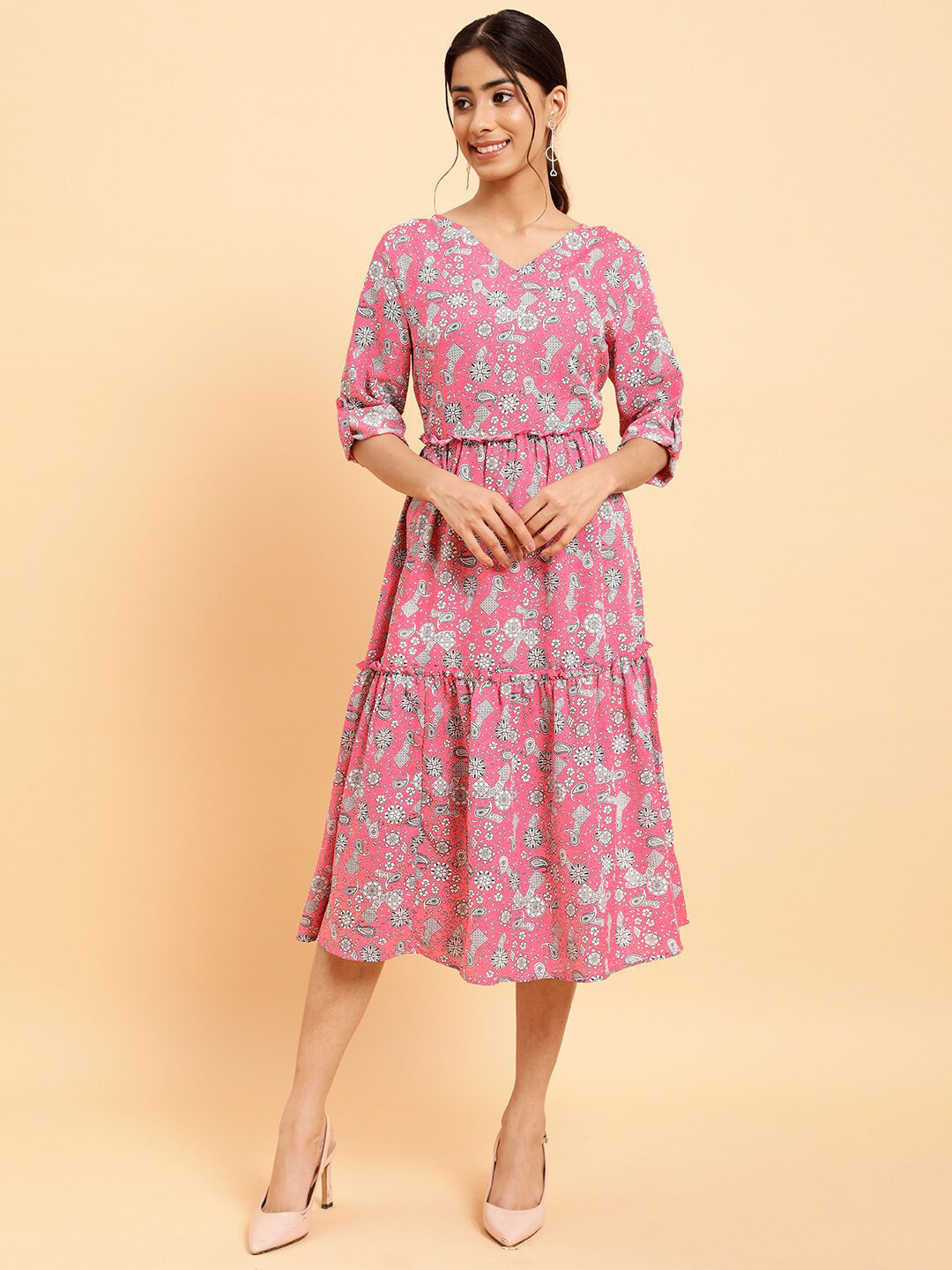 MINT STREET V-Neck Floral Print Crepe Fit and Flare Midi Dress