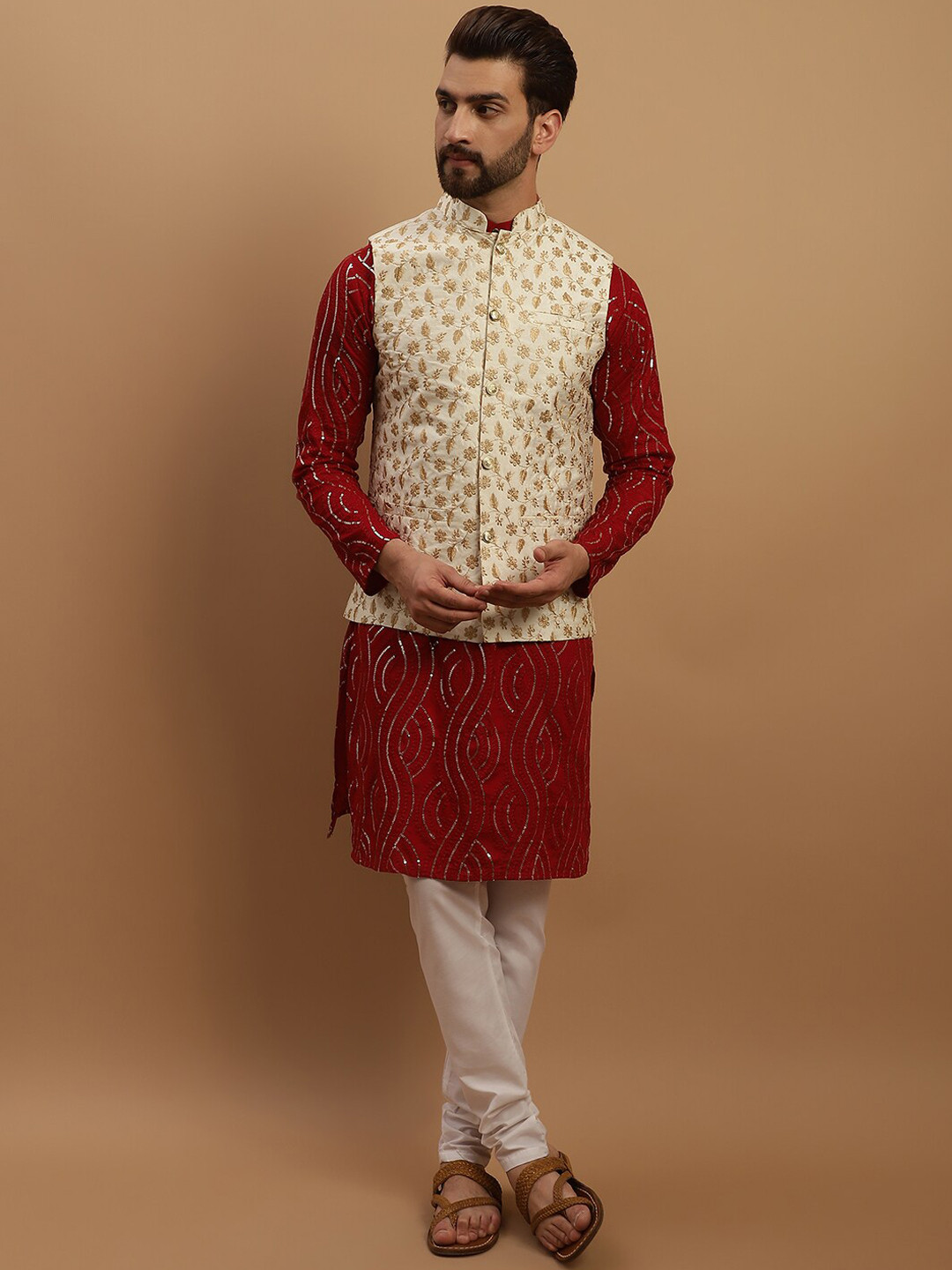 SOJANYA Embroidered Sequinned Pure Cotton Kurta with Churidar & Embroidered Nehru Jacket