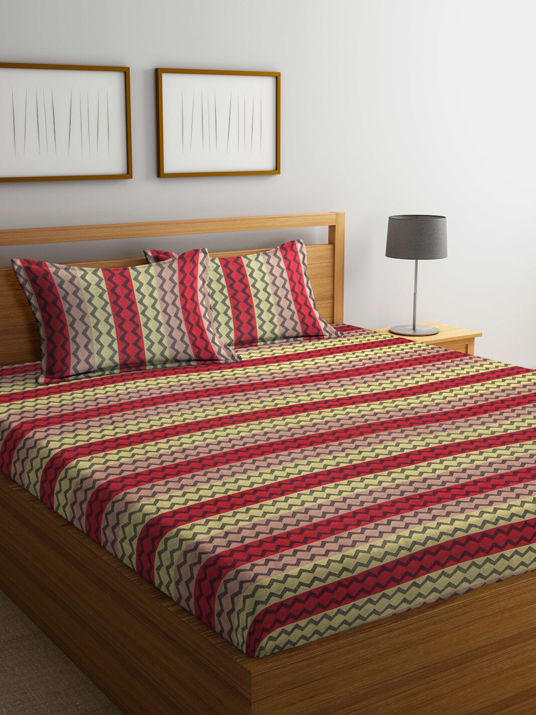 FABINALIV Red Chevron Pure Cotton 350 TC King Superfine Bedsheet with 2 Pillow Covers-98 x 89 inches