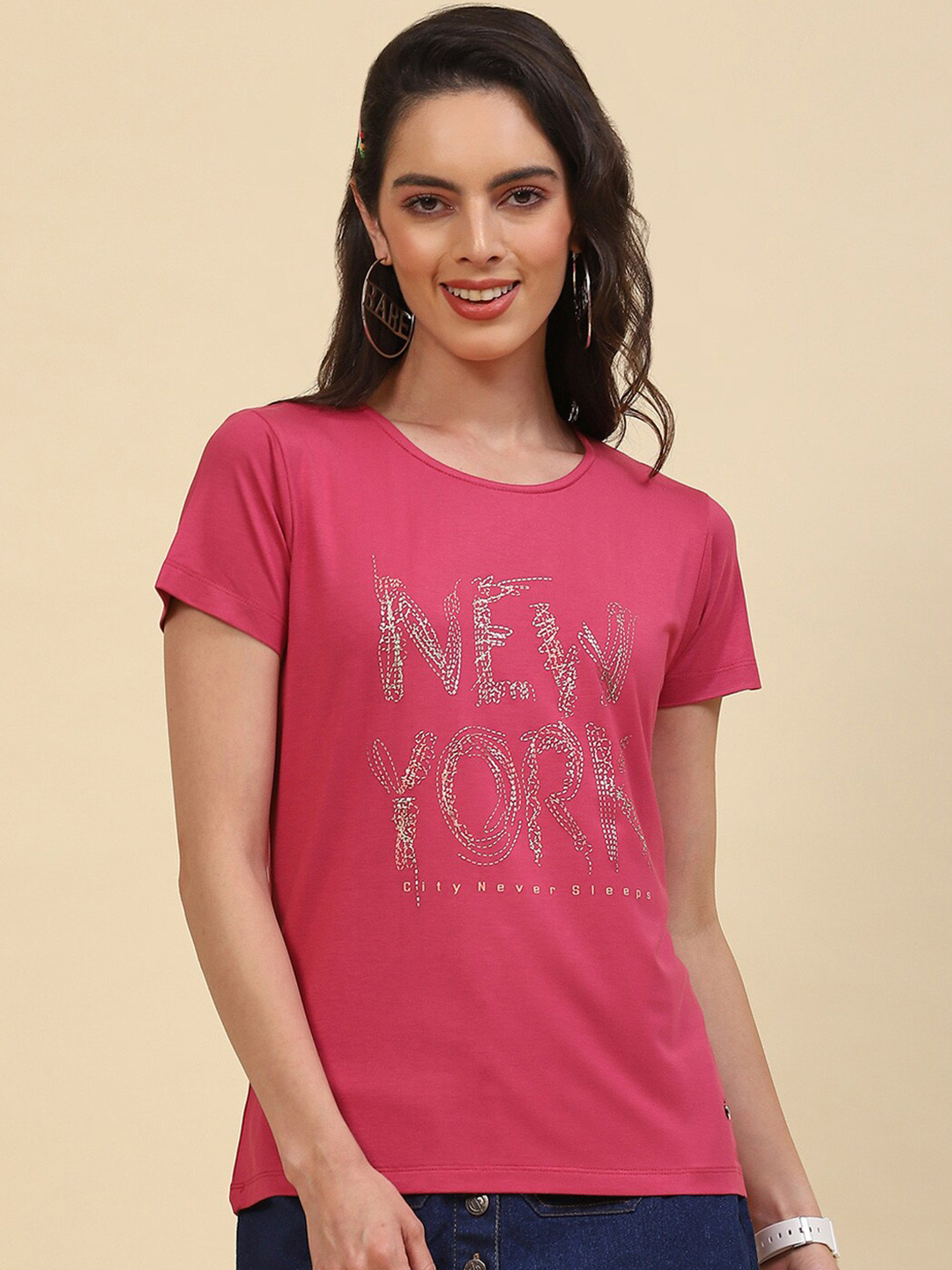 Monte Carlo Typography Embroidered Round Neck Top