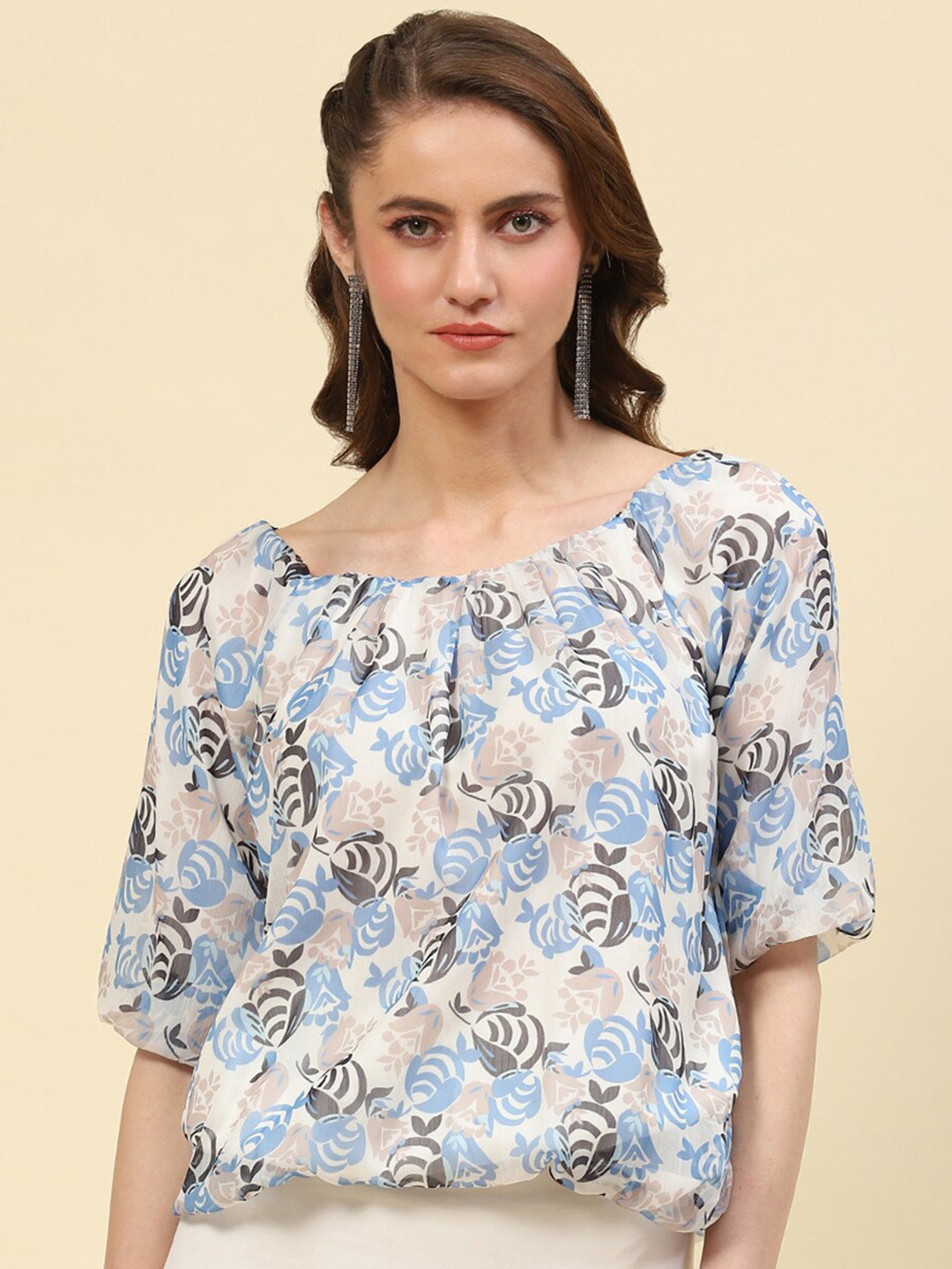Monte Carlo Floral Printed Round Neck Blouson Top