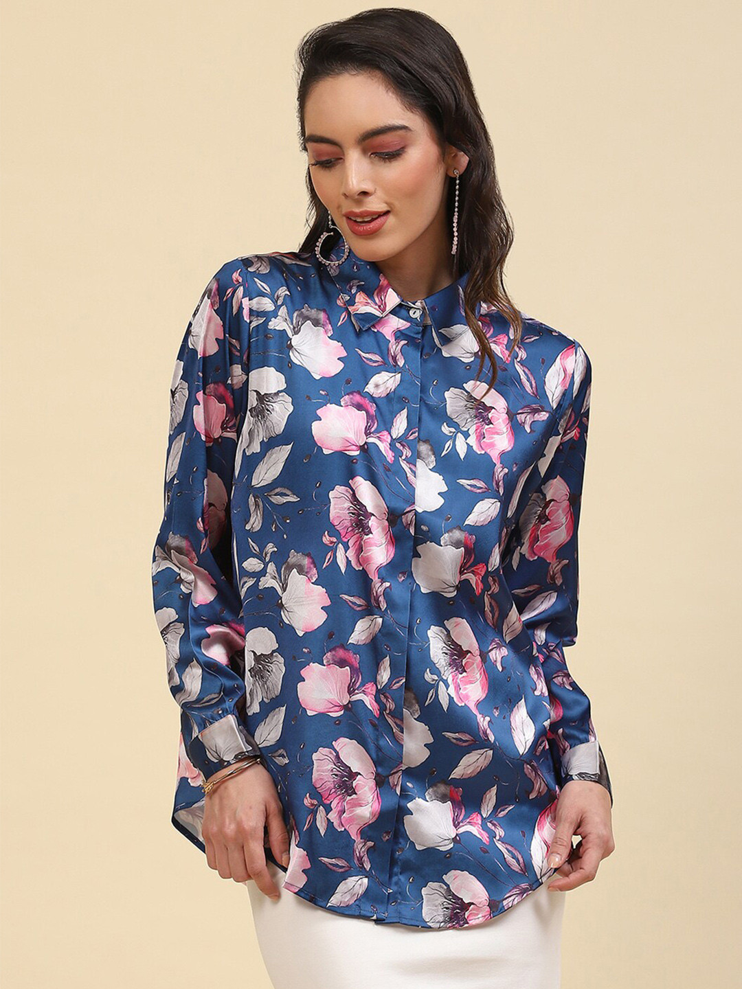 Monte Carlo Floral Printed Long Cuff Sleeves Shirt Style Top