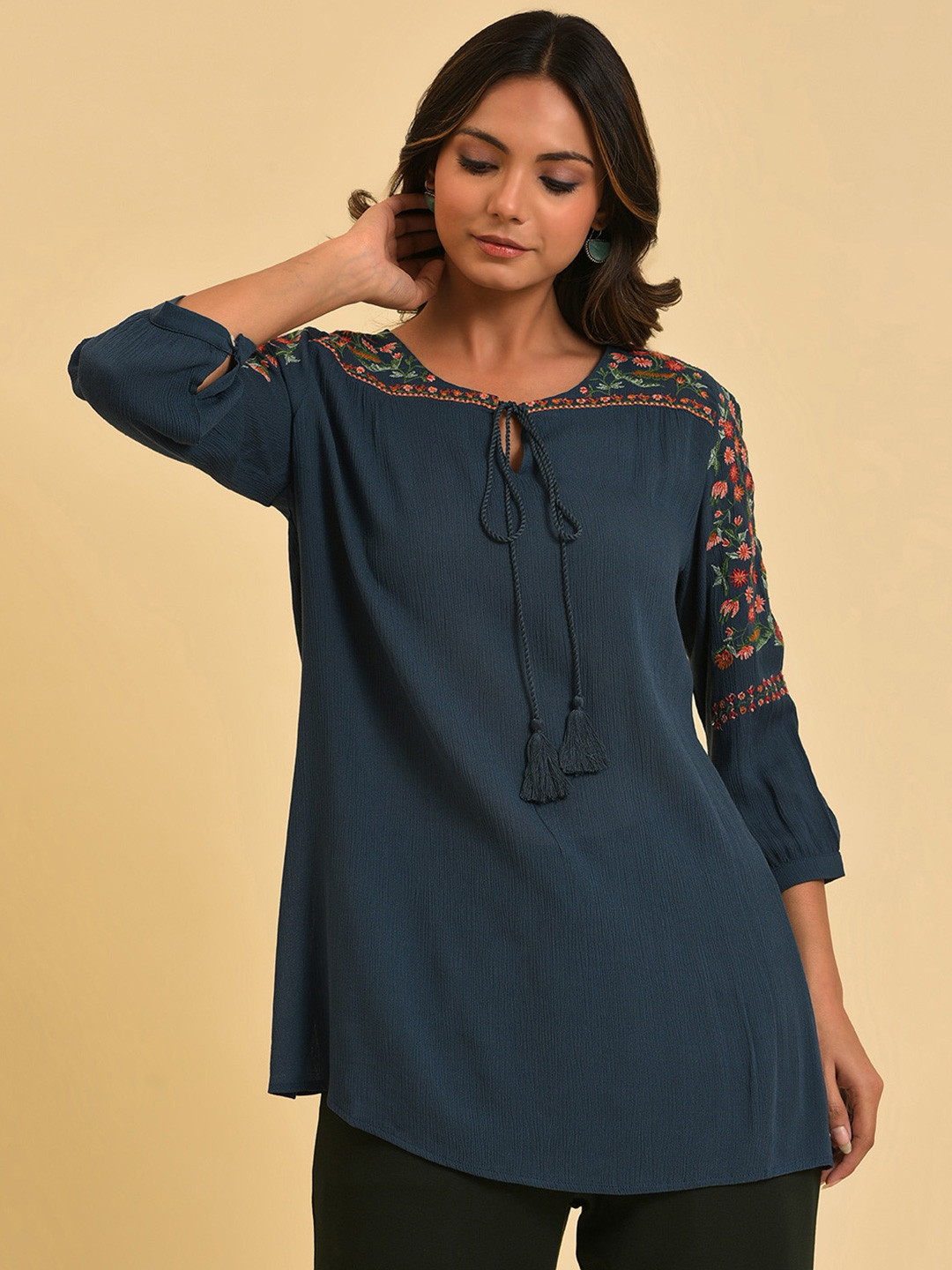 W Teal Blue Tie-Up Neck Regular Top