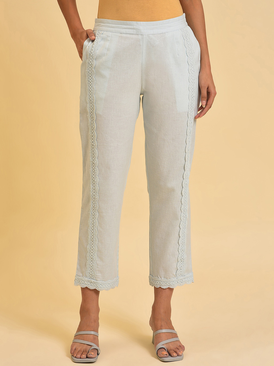 W Women Blue Mid-Rise Lace Insert Trousers