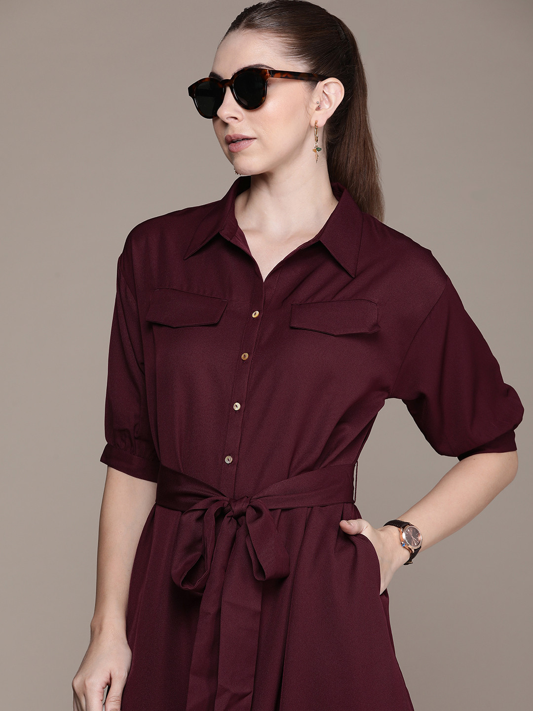 French Connection Shirt Collar Solid A-Line Maxi Dress