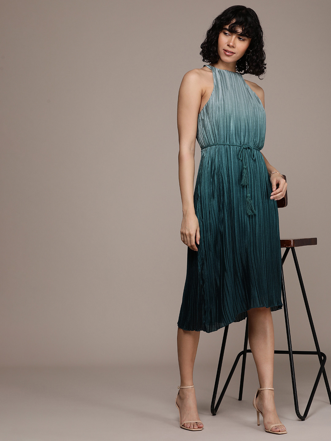 French Connection Ombre Halter Neck Accordion Pleats A-Line Dress
