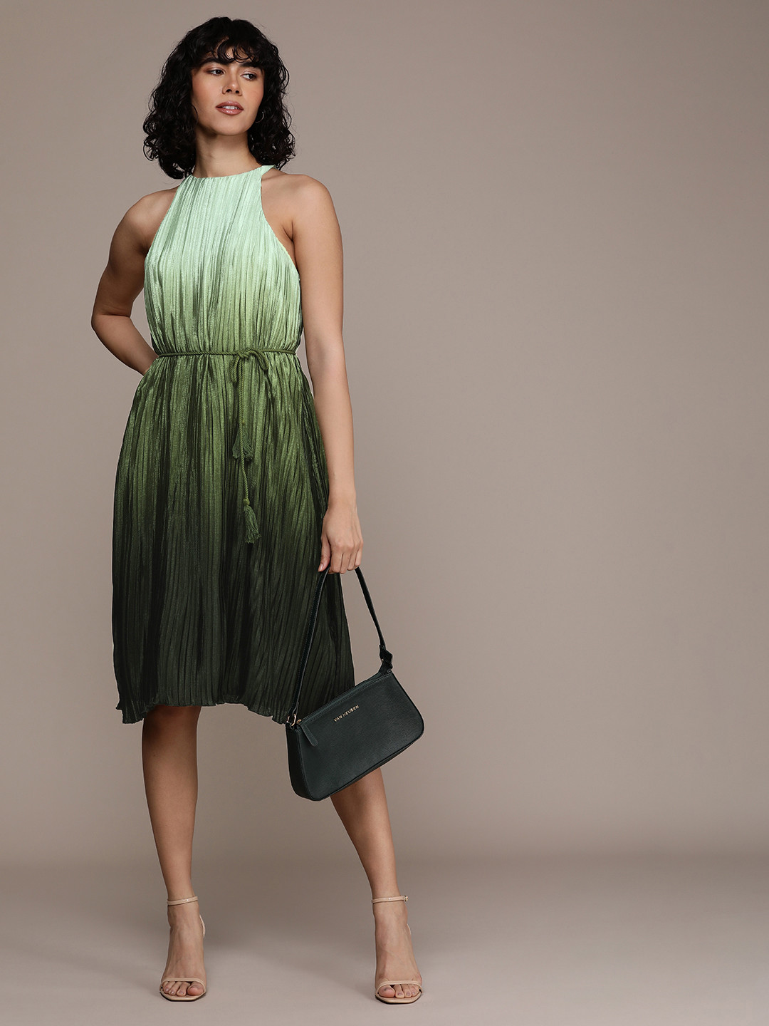 French Connection Ombre Halter Neck Accordion Pleats A-Line Dress