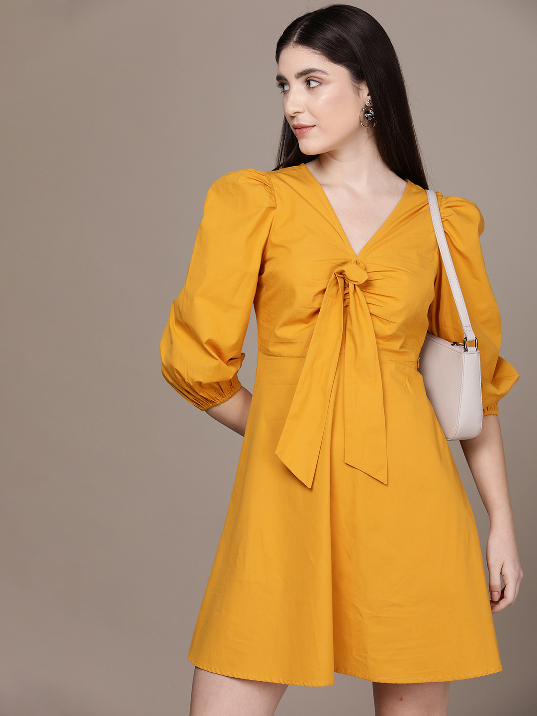 French Connection V-Neck Puff Sleeves Pure Cotton A-Line Dress