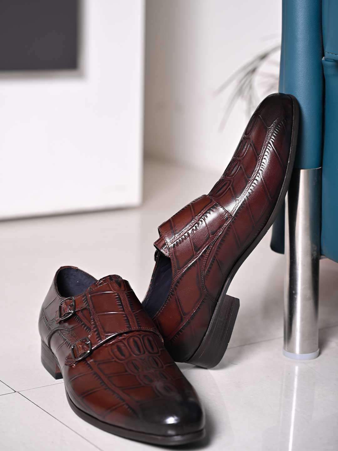 Cobblerz Men Textured Leather Formal Monk Shoes With Buckle Detail