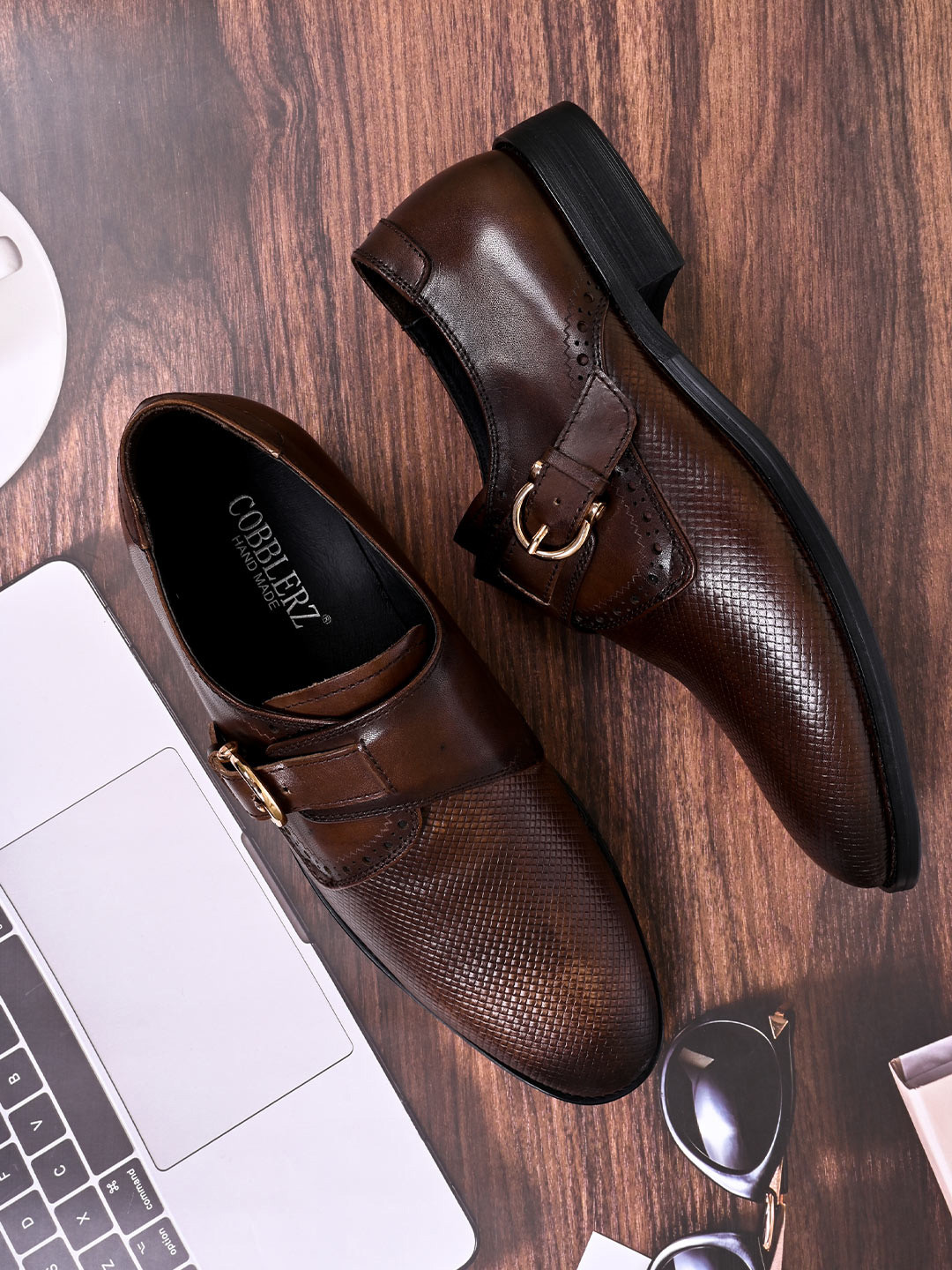 Cobblerz Men Textured Comfort Insole Leather Basics Monk Shoes With Buckles