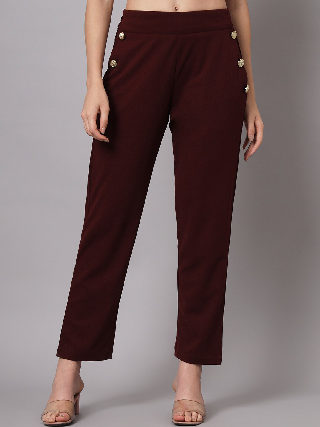 Zastraa Women Burgundy Relaxed Straight Leg Fit High-Rise Trousers