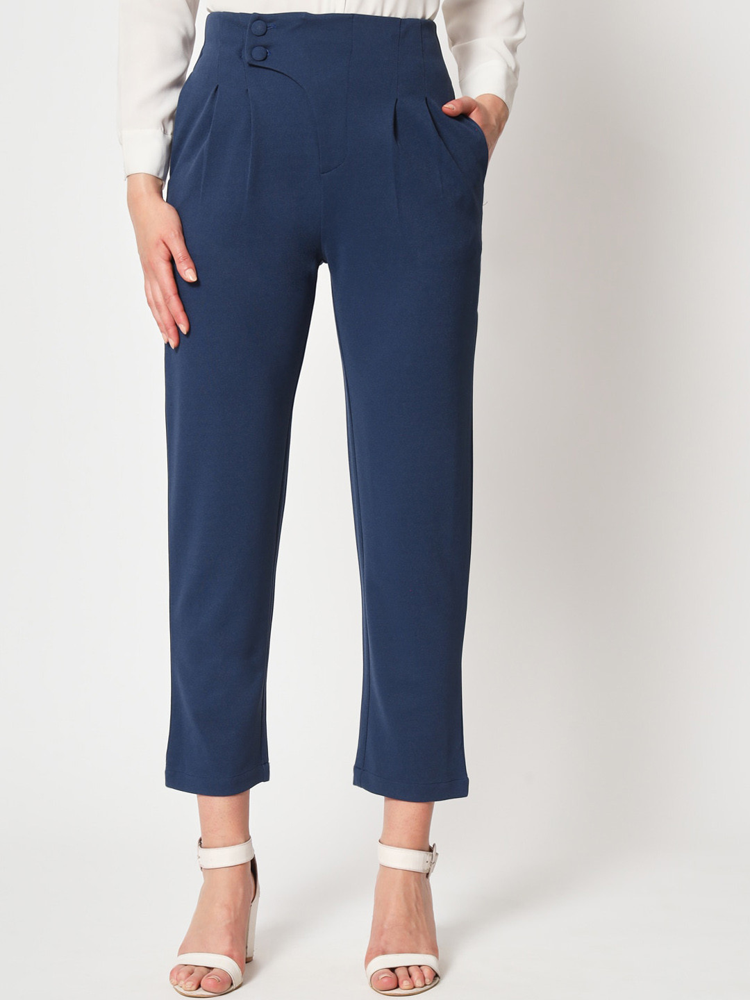 Zastraa Women Navy Blue Peg Leg Slim Fit High-Rise Pleated Trousers