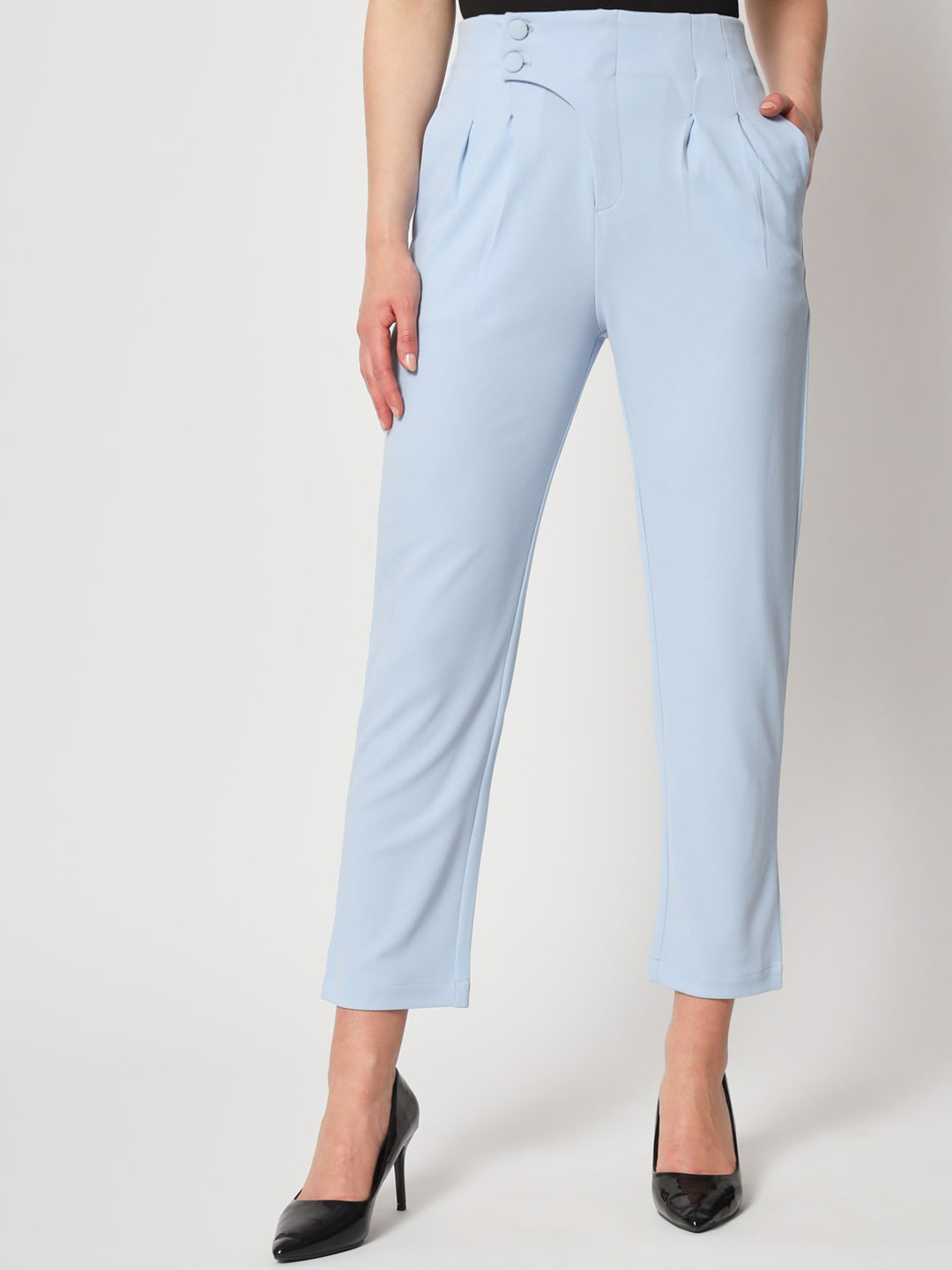 Zastraa Women Blue Peg Leg Slim Fit High-Rise Pleated Trousers