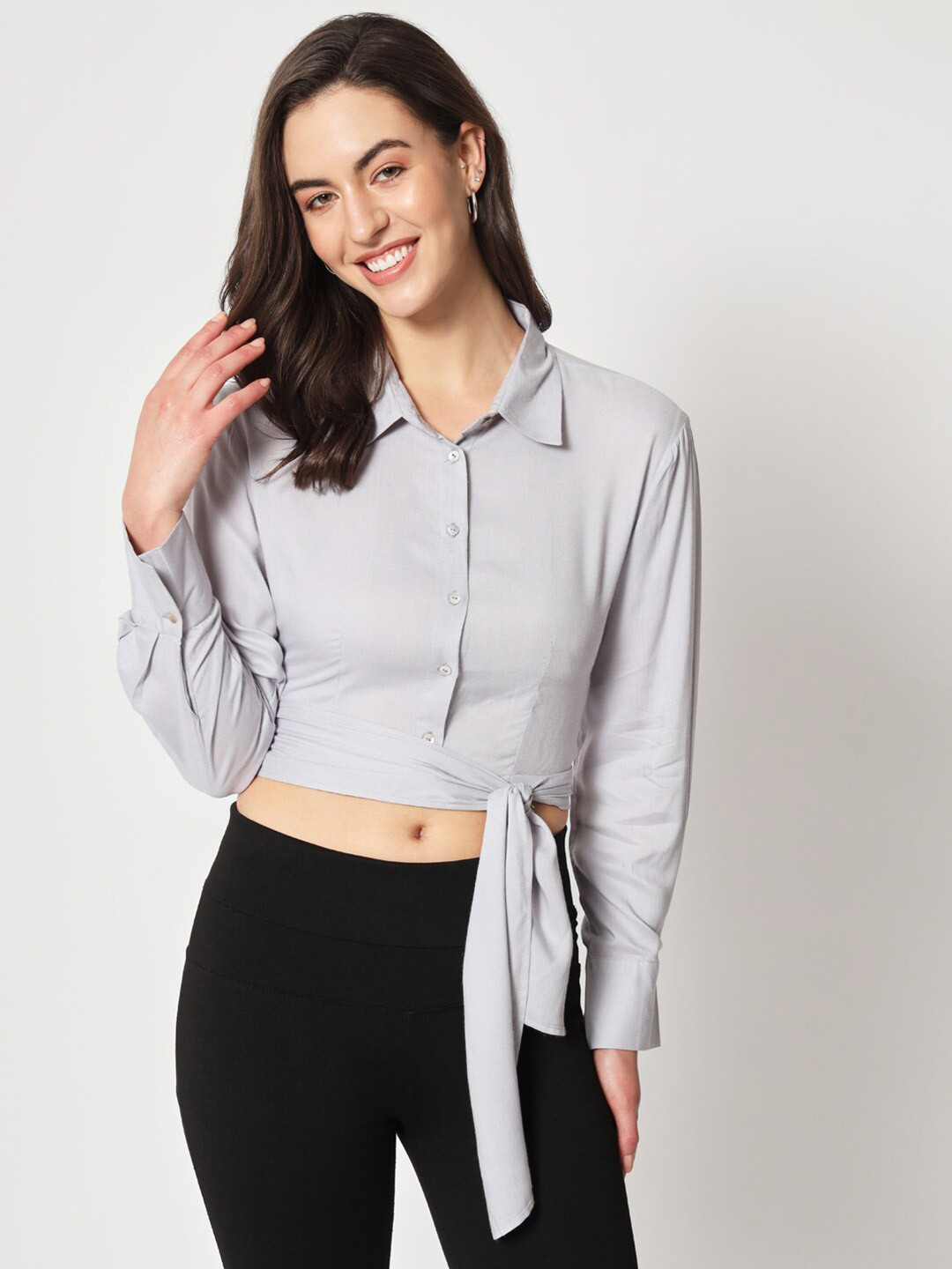 Zastraa Modern Slim Fit Waist Tie-Up Casual Shirt