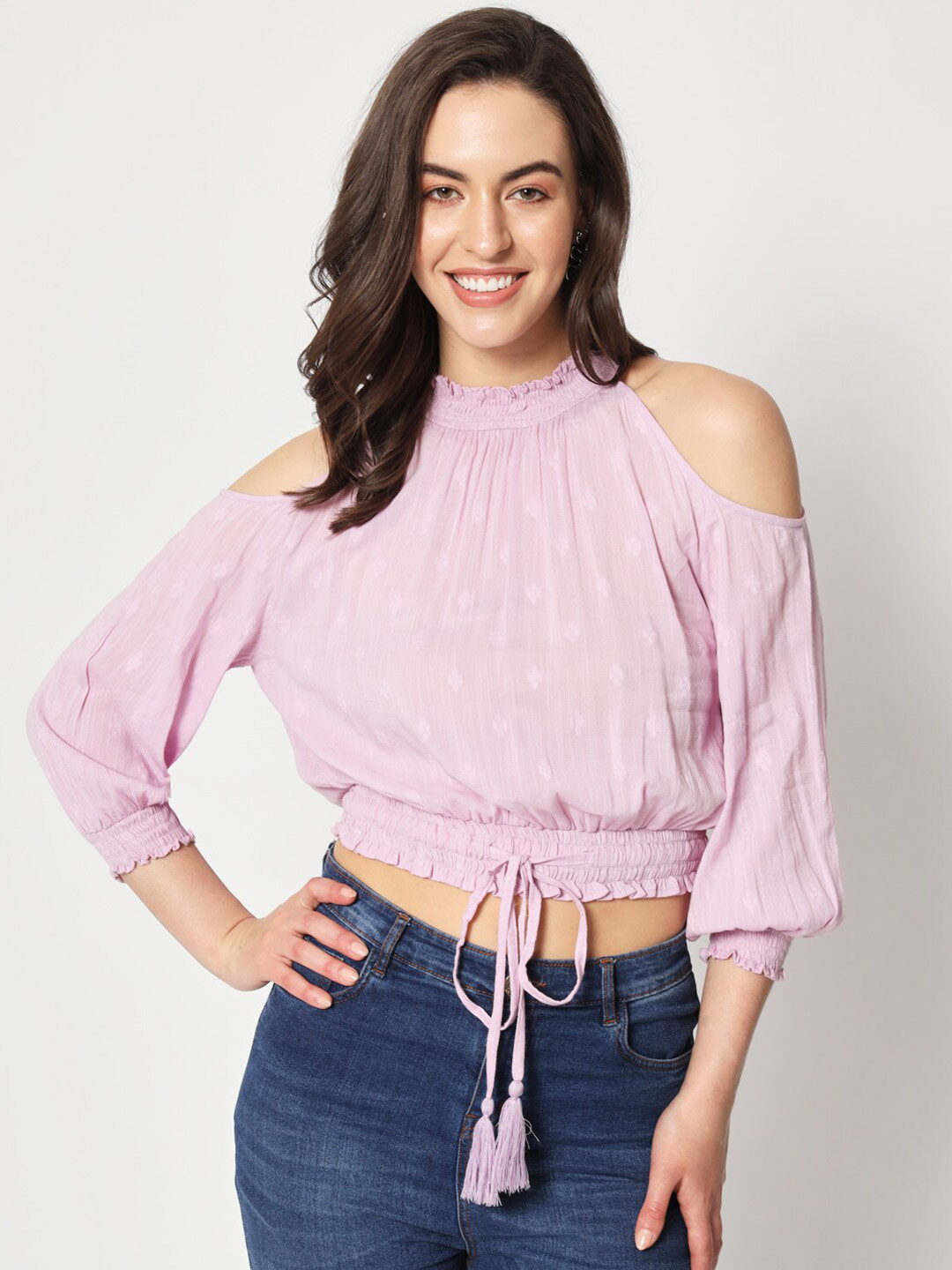 Zastraa Lavender Cold-Shoulder Pure Cotton Blouson Crop Top