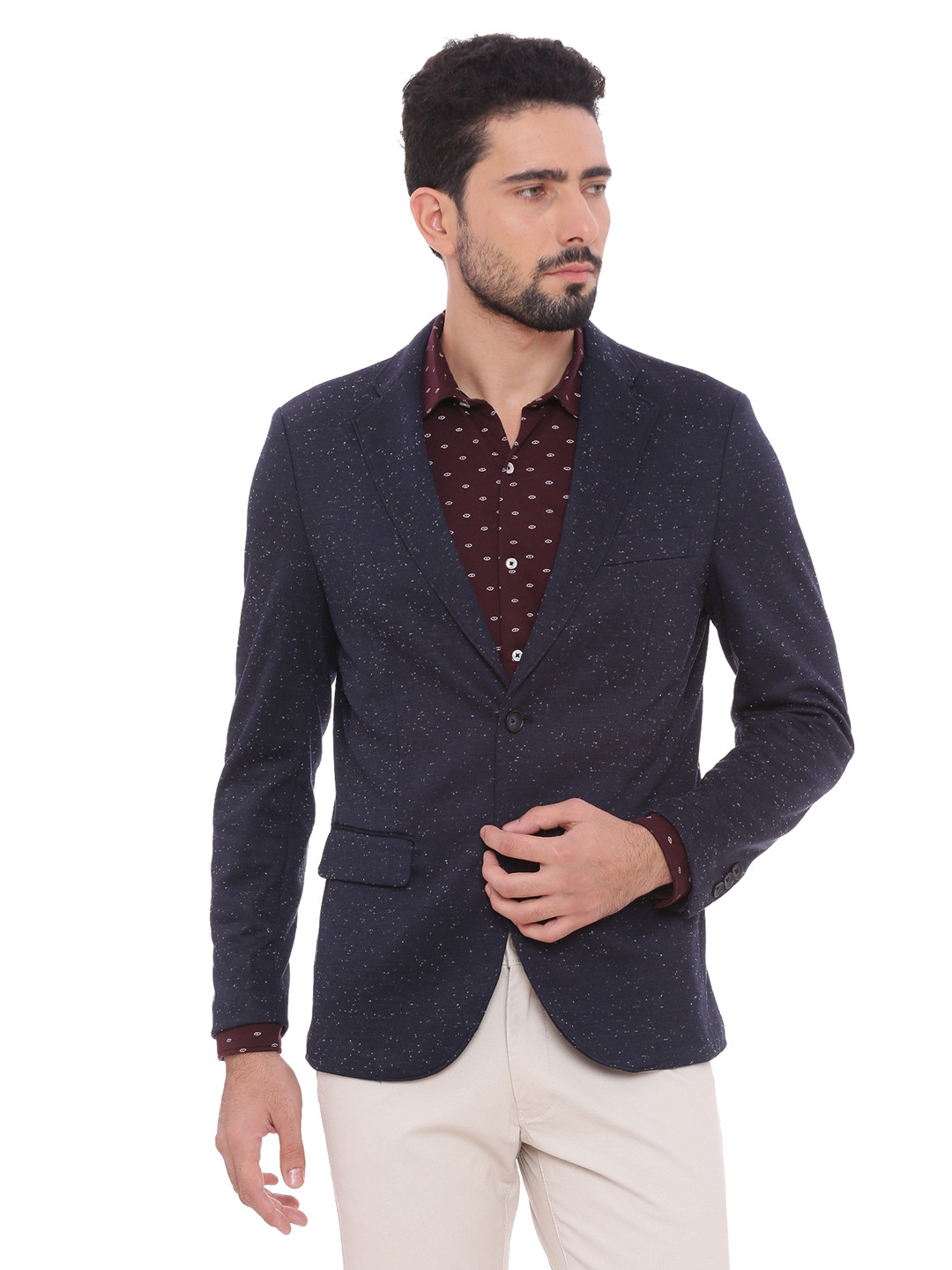 Basics Navy Self-Design Slim Fit Single-Breasted Casual Blazer