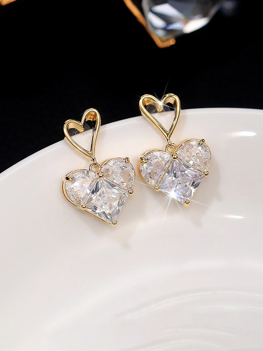 Jewels Galaxy Gold-Plated Stone-Studded Heart Shaped Drop Earrings
