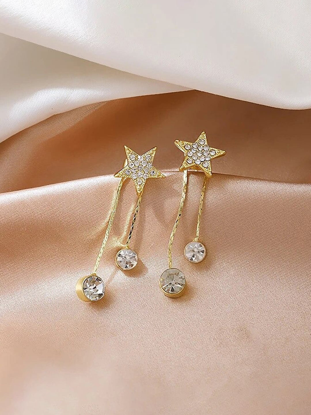 Jewels Galaxy Gold-Plated American Diamonds Star Shaped Drop Earrings