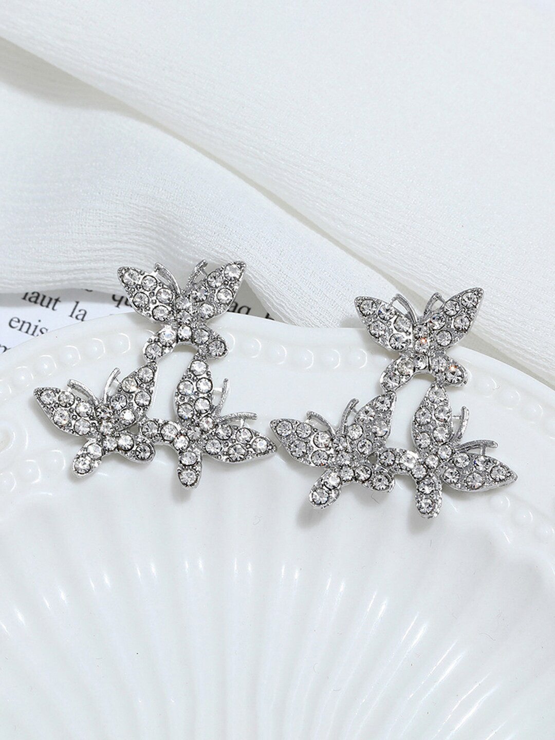 Jewels Galaxy Silver-Plated Contemporary Triple Butterflies Studs Earrings