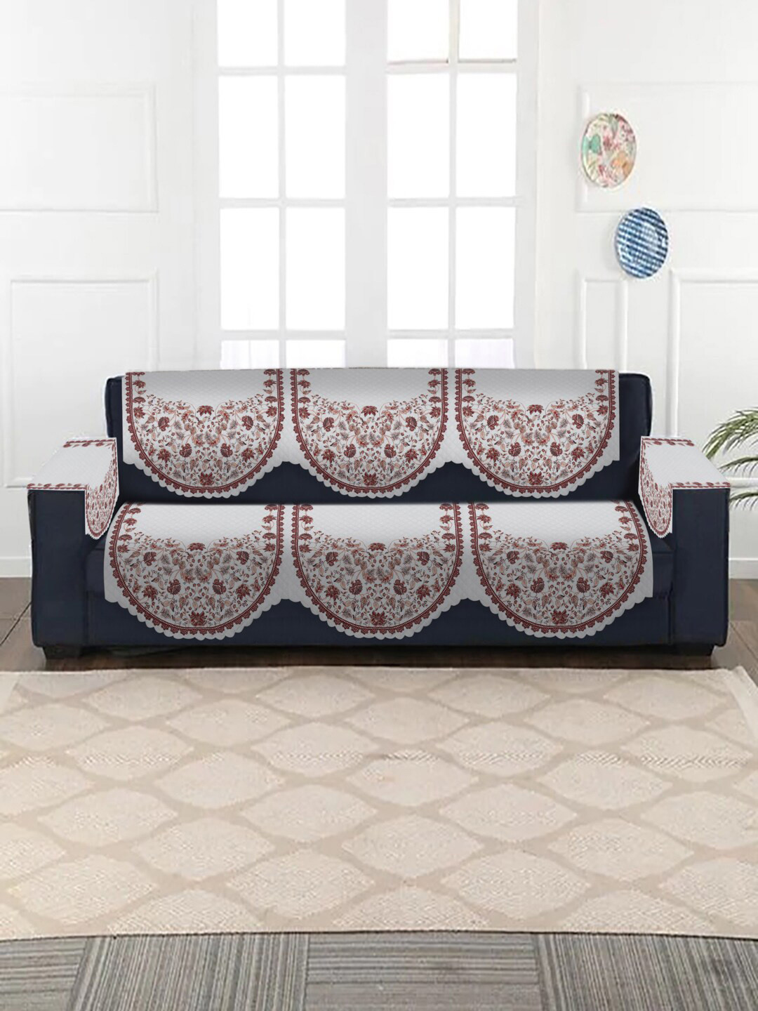 SOKNACK White & Brown Ethnic Motif Printed 5-Seater Sofa Covers With Arm Rest Cover
