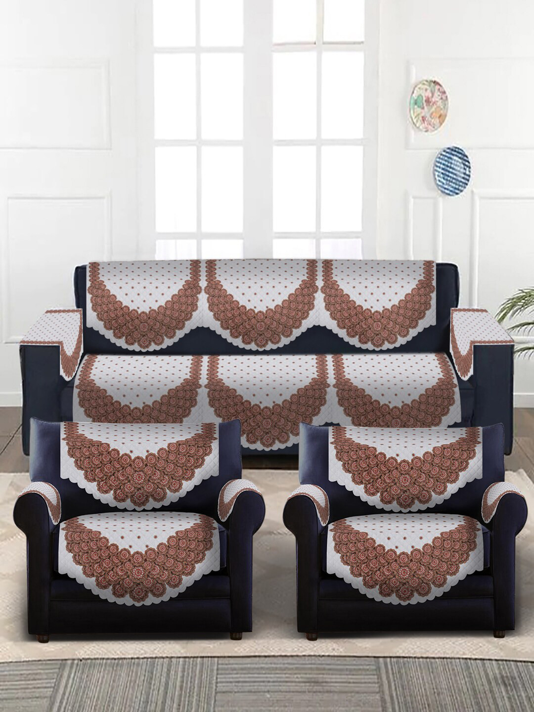 SOKNACK White & Brown Floral Printed 5-Seater Velvet Sofa Covers With Arm Rest