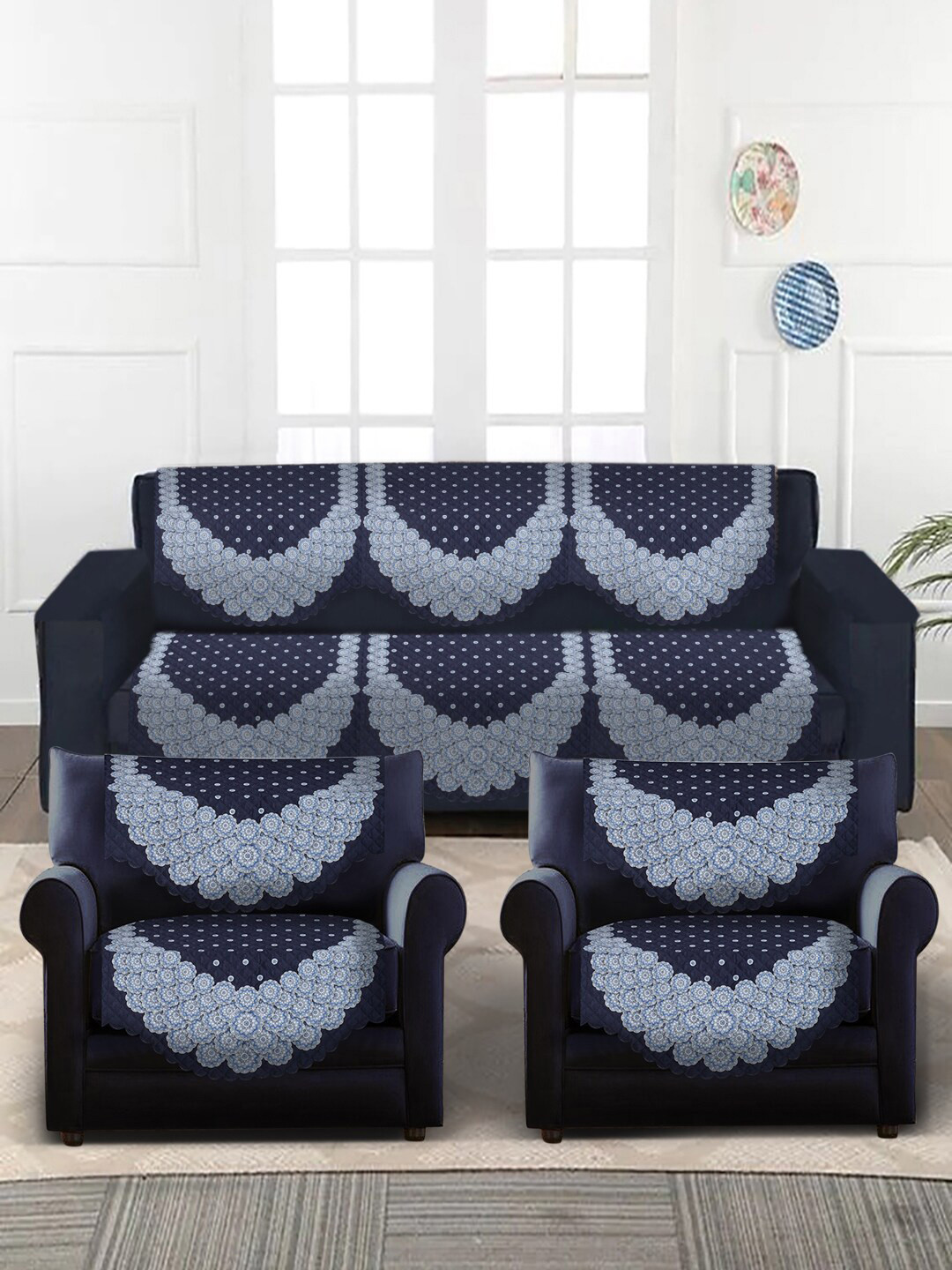 SOKNACK Navy-Blue & White Printed 5-Seater Velvet Sofa Covers With Arm Rest Covers