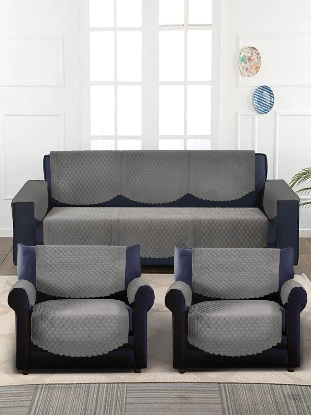 SOKNACK Grey Quilted 5-Seater Velvet Sofa Covers With Arm Rest Cover