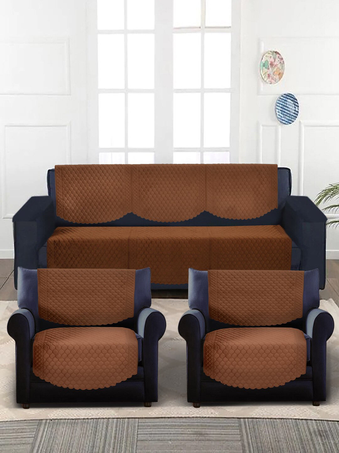 SOKNACK Brown Quilted 5-Seater Velvet Sofa Covers