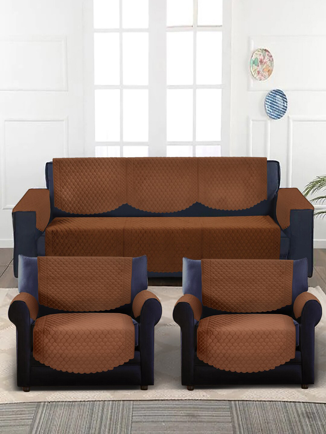 SOKNACK 10-Pcs Brown Quilted 5-Seater Velvet Sofa Covers With Arm Rest Covers