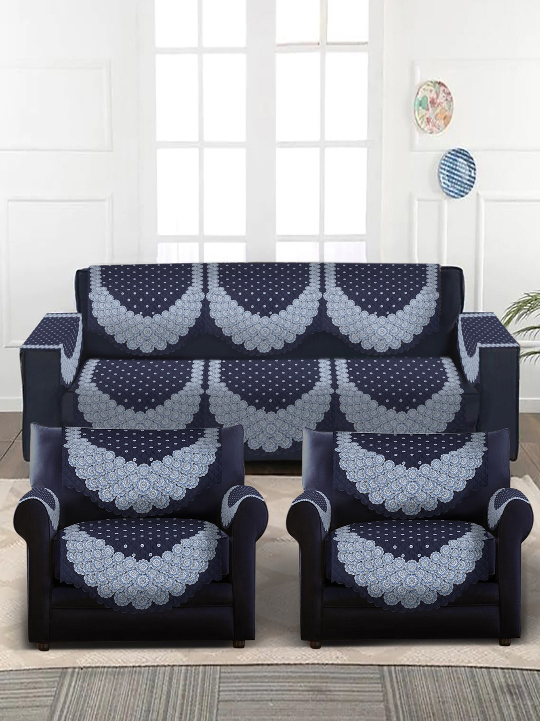 SOKNACK 10-Pcs Navy-Blue & White Printed 5-Seater Velvet Sofa Covers With Arm Rest Covers