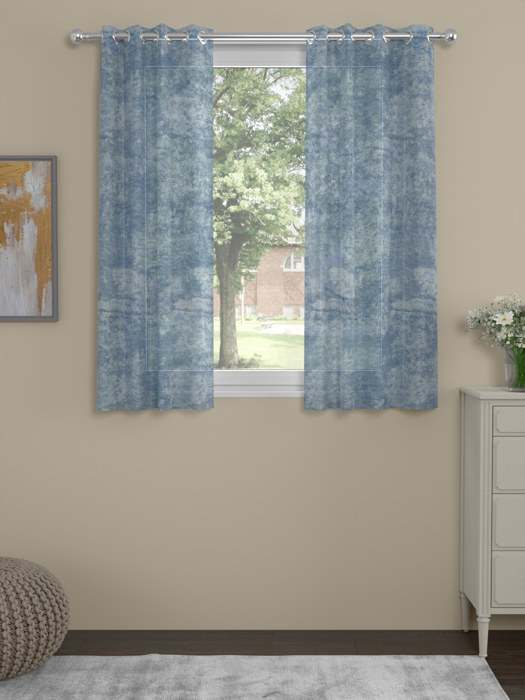 ROSARA HOME Carlos Blue 2 Pieces Abstract Sheer Window Curtains