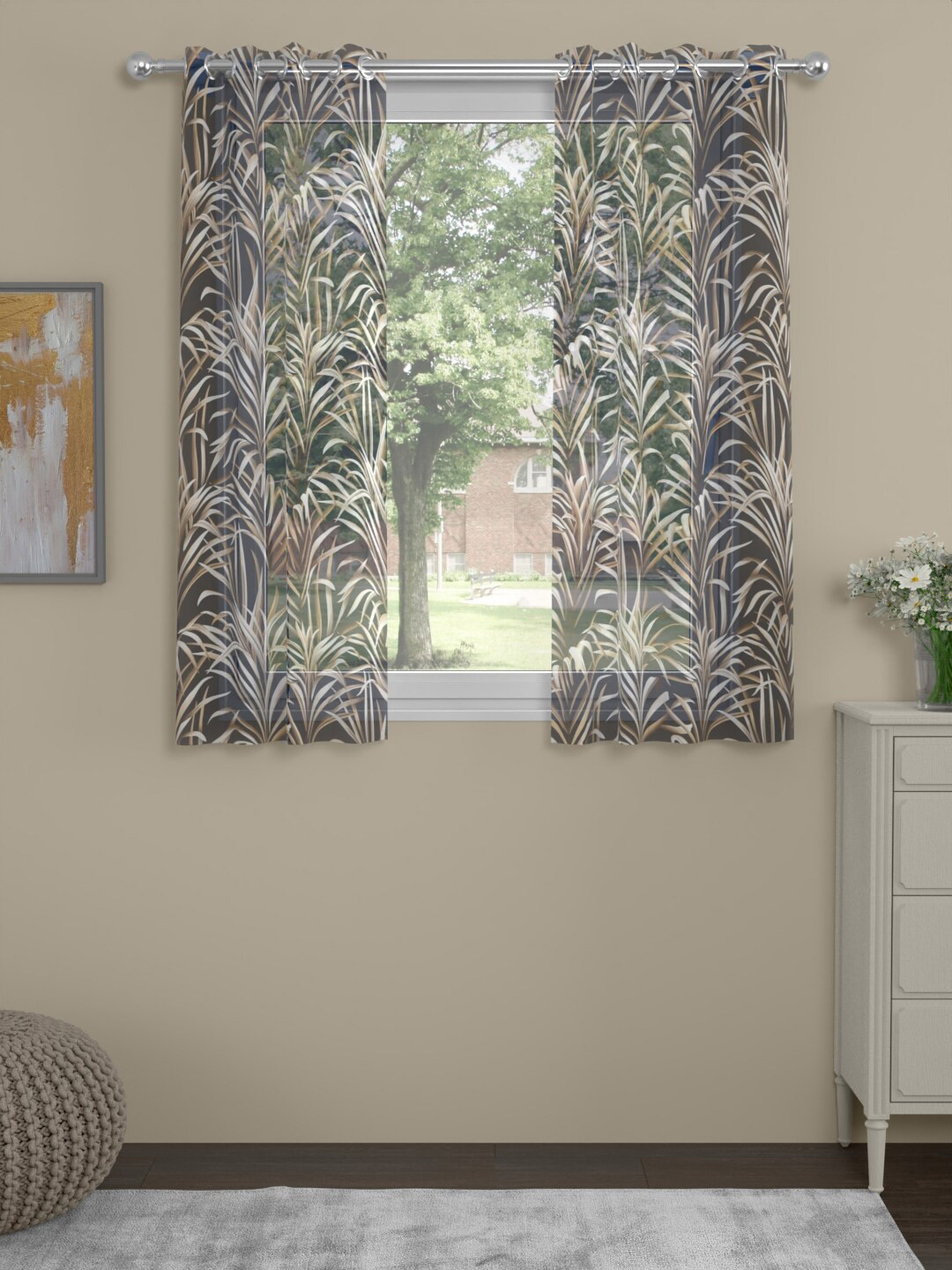 ROSARA HOME Ivan Navy Blue 2 Pieces Leaf Printed Sheer Window Curtains